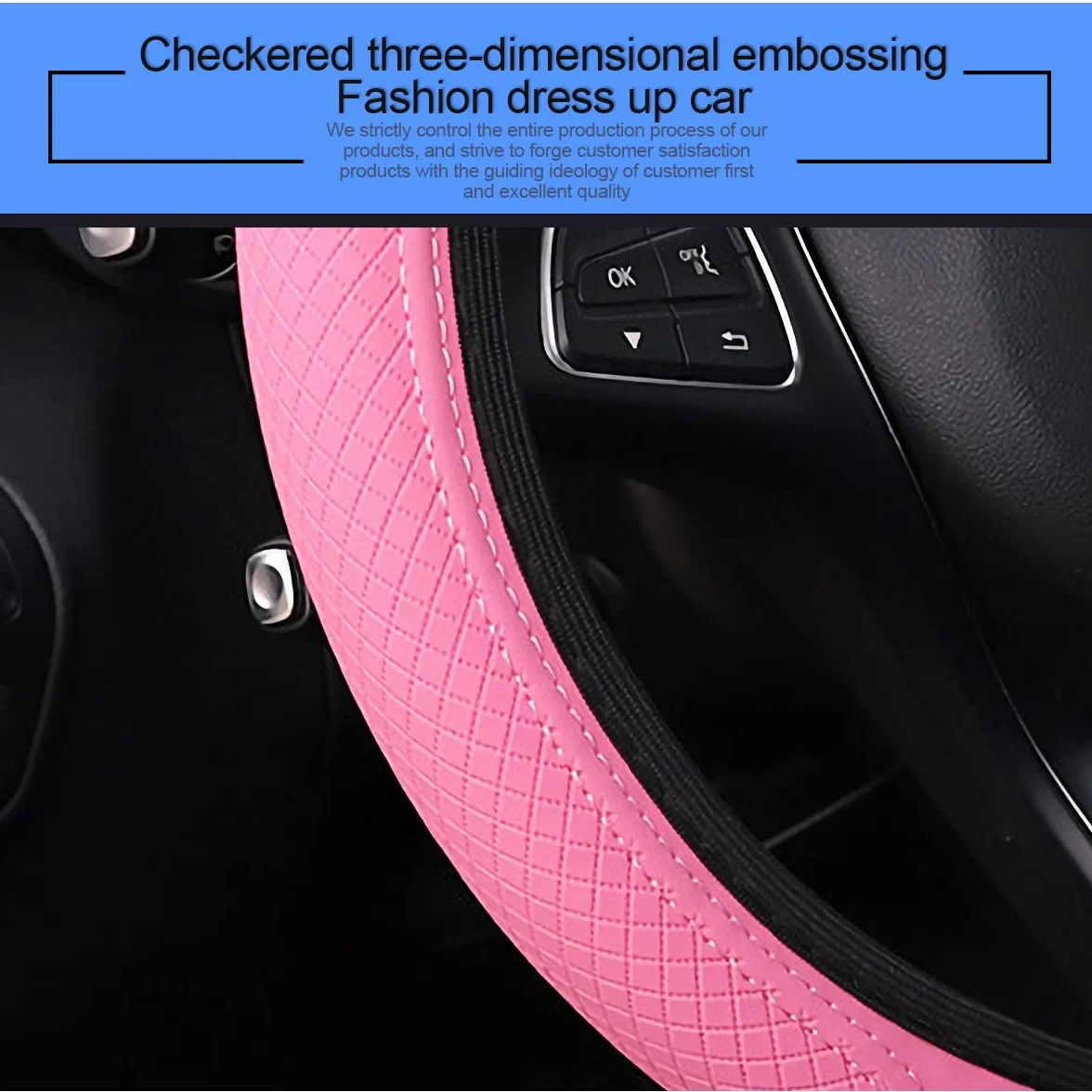 CGEAMDY Coprivolante per Auto, Coprivolante Auto Universale Finta Pelle, Traspirante e Antiscivolo, Pelle Microfibra Dimensioni Standard 38 cm, Accessori Auto Interno, Durevole Coprivolante(Rosa)