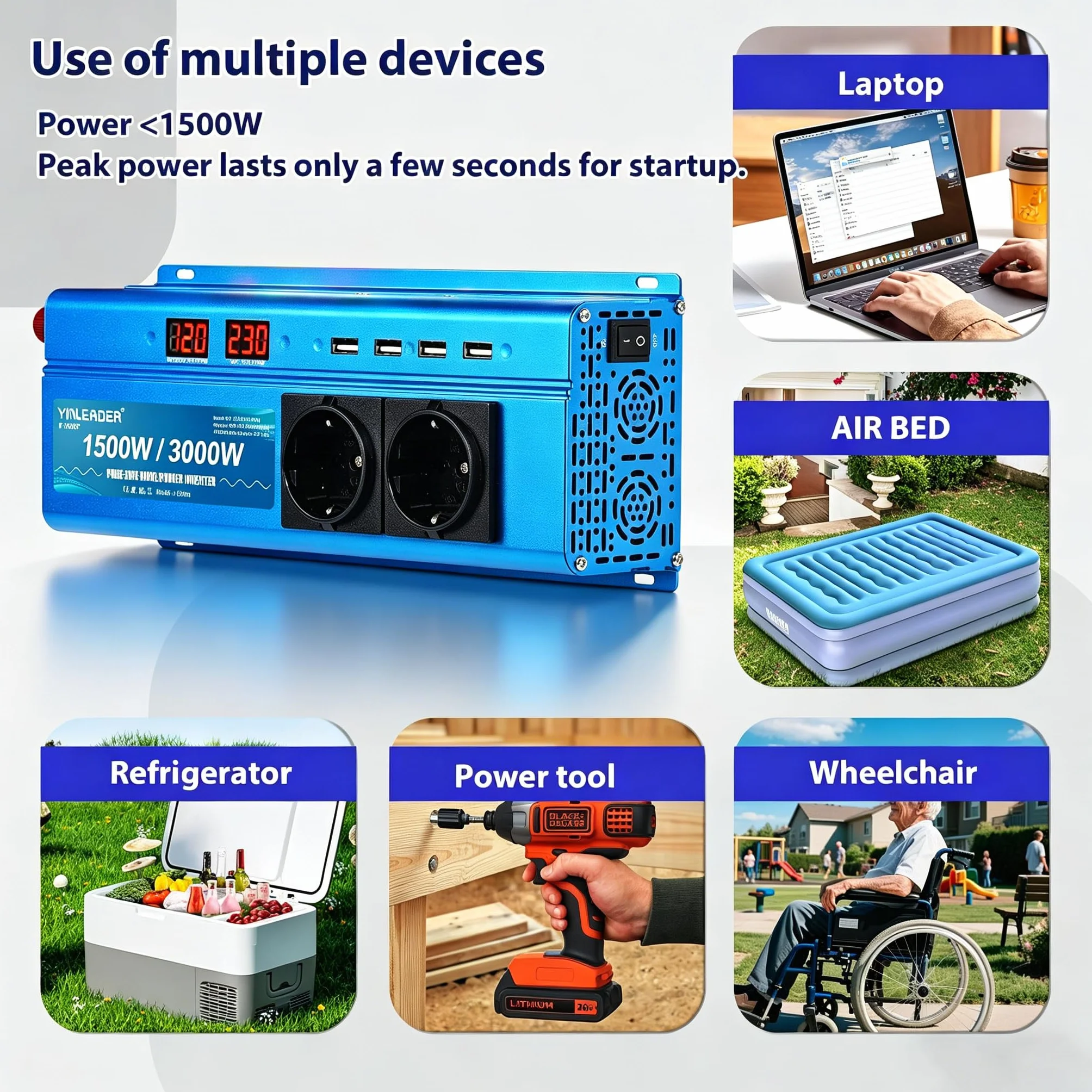 Yinleader 1500W 3000W Pure Sine Wave Power Inverter DC 12V to AC 220V 230V with 2 AC Outlets 4 USB Ports for Car Truck Camper