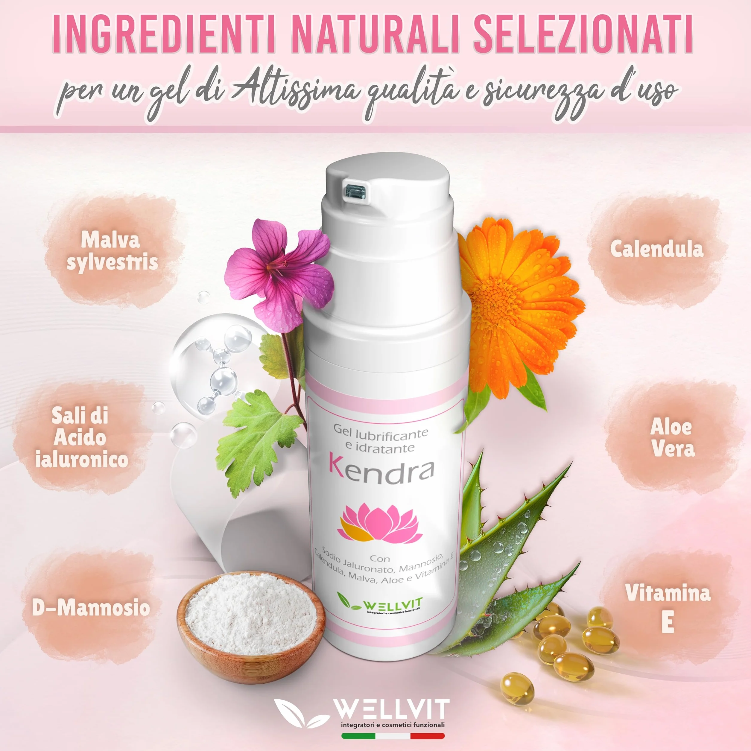 KENDRA Pregiato Lubrificante Intimo all'Acqua Idratante 100% Naturale, Gel Lubrificazione Vaginale con D Mannosio, Made in Italy 50ml