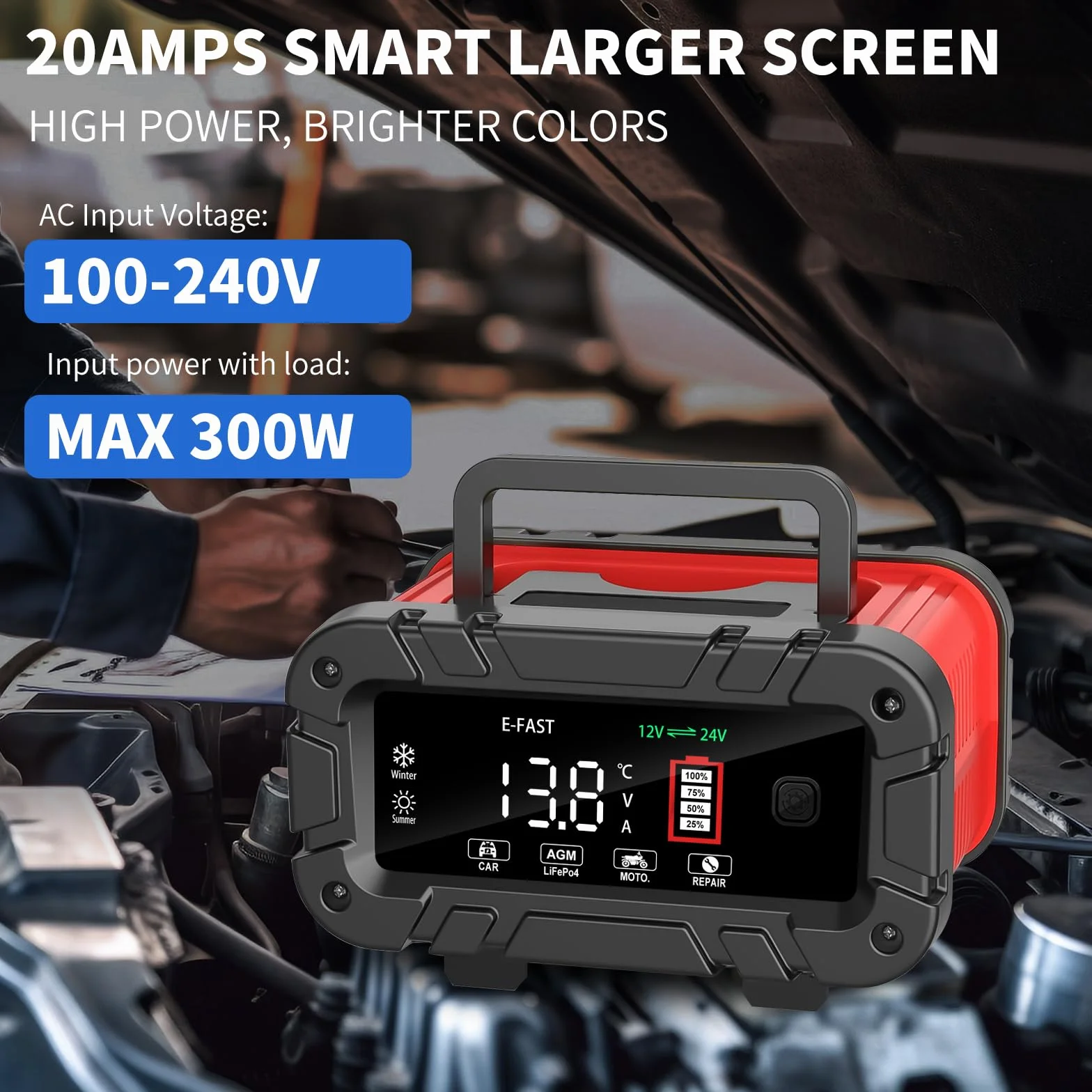 Caricabatteria da Auto 12V/24V Automatico con Display LCD, Intelligente per Batterie AGM/LiFePO4