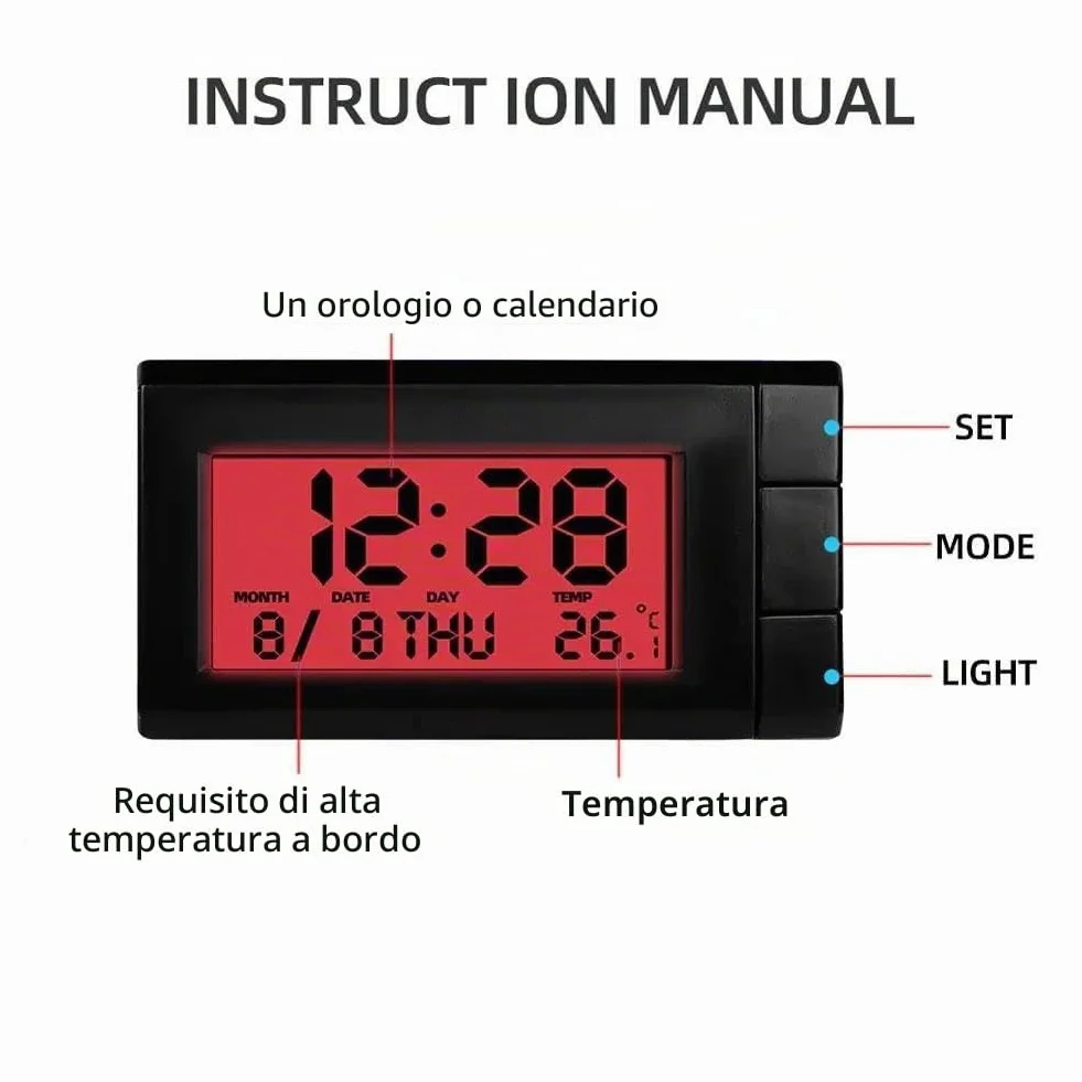 Orologio digitale 2 in 1 per cruscotto auto con temperatura e calendario