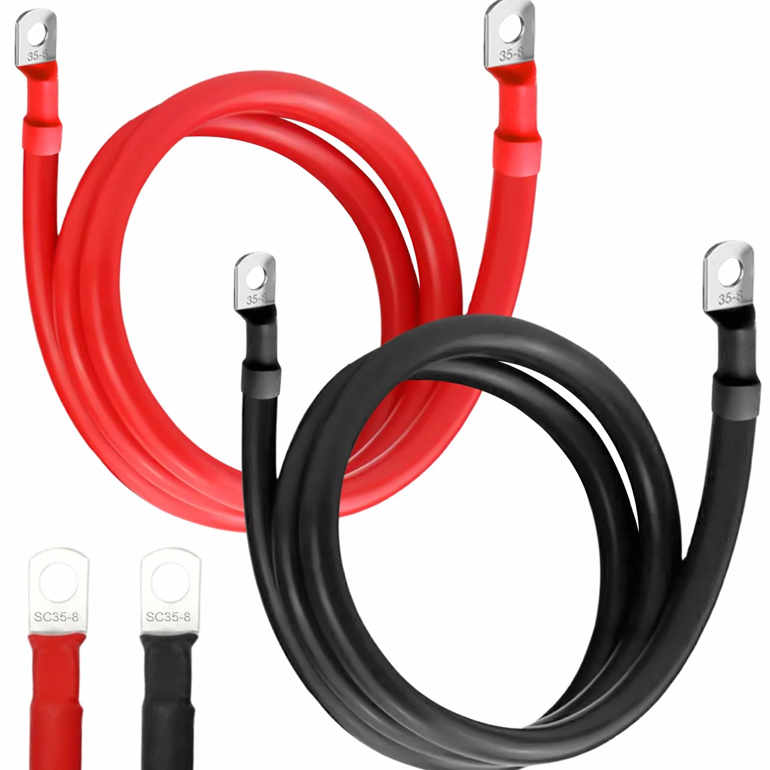 Cavi batteria 35mm²/2AWG, 2 pezzi di cavo in rame privo di ossigeno Rosso Nero, 100cm Cavo batteria 12v, Cavi batteria 35mm² con morsetti ad anello M8, Cavi batteria 12v per auto, moto, solare, camper