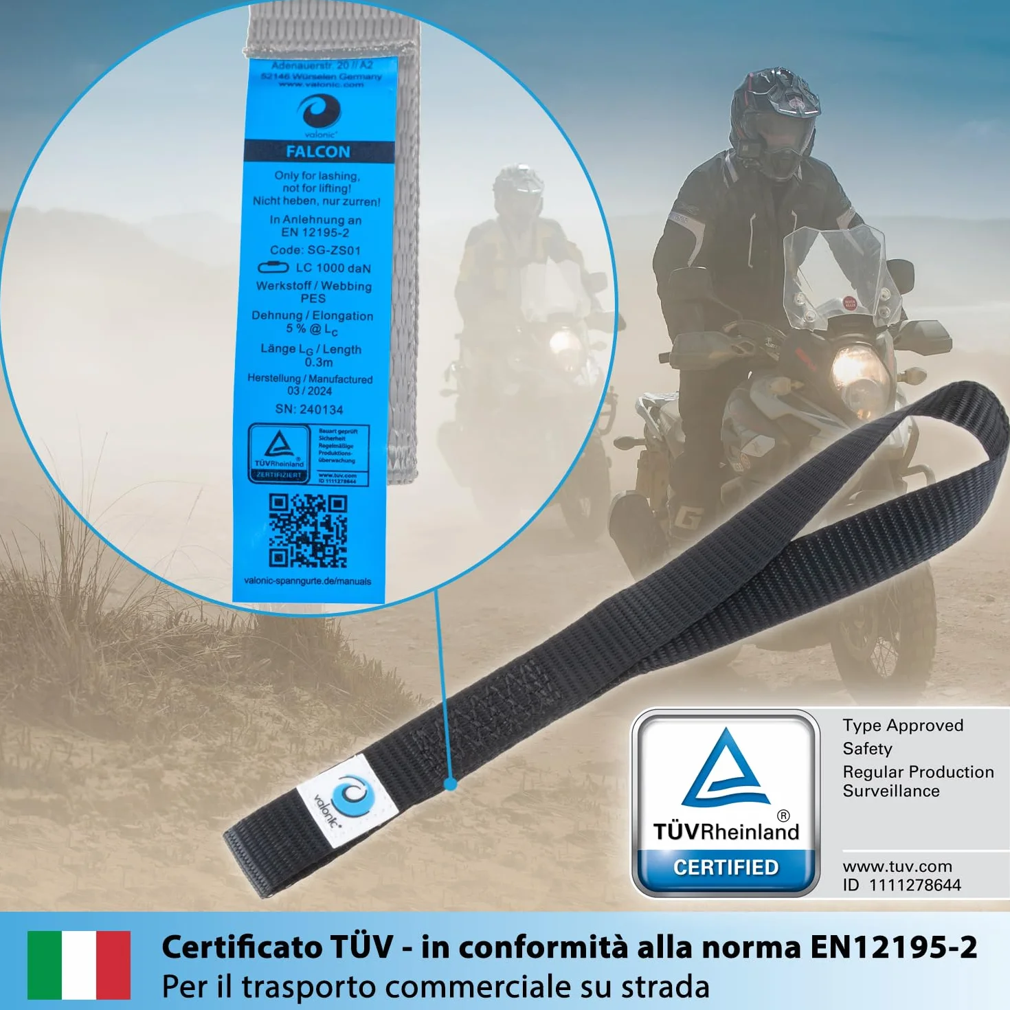 Cinghie di fissaggio FALCON valonic 30cm 25mm 1000 Kg certificate TÜV Rheinl. EN 12195-2 nero