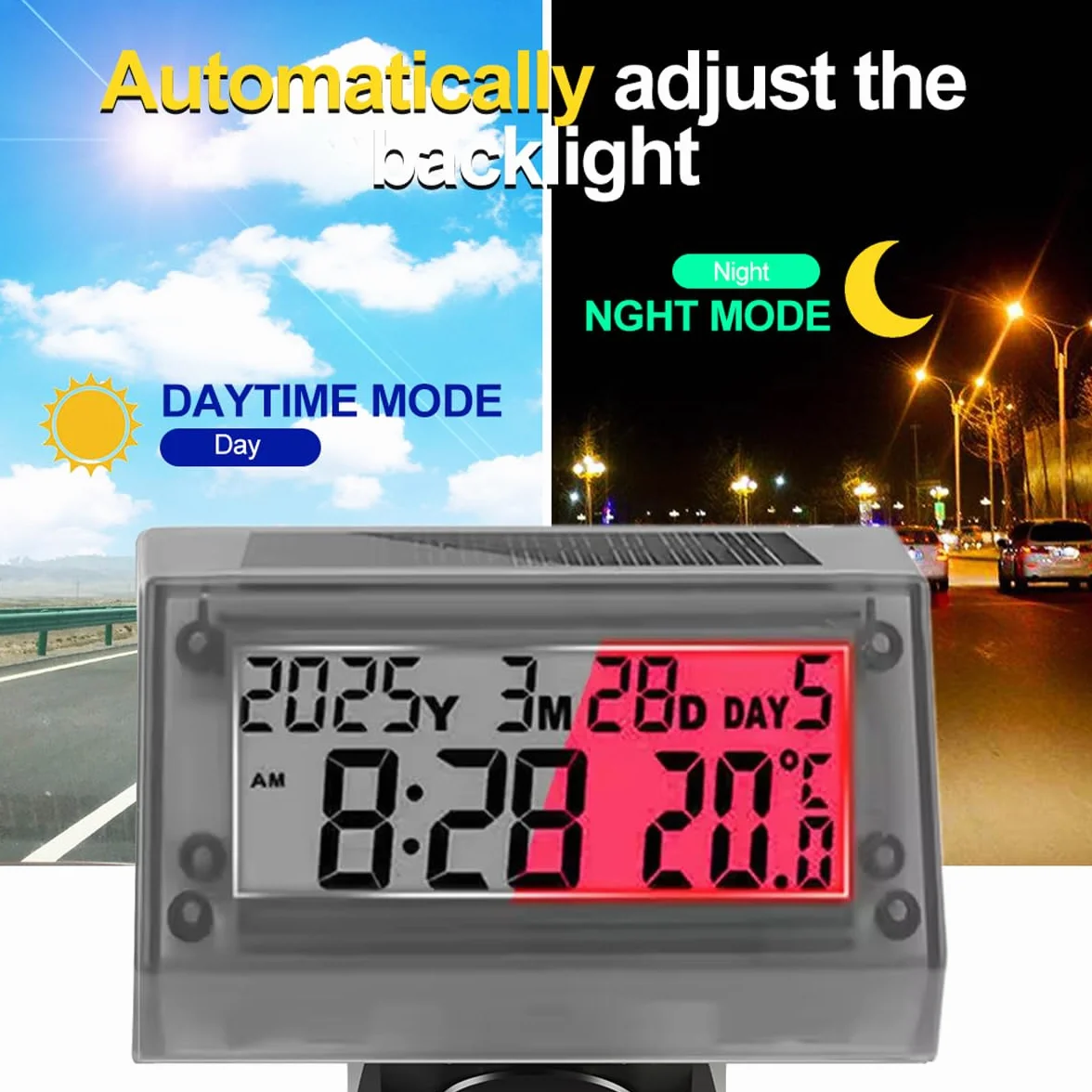 Orologio LCD ad energia solare -Orologio digitale multifunzionale per auto,impermeabile e antiurto,con ora, data, settimana, temperatura, supporto per maniglia per auto,moto,bicicletta,luce rosso