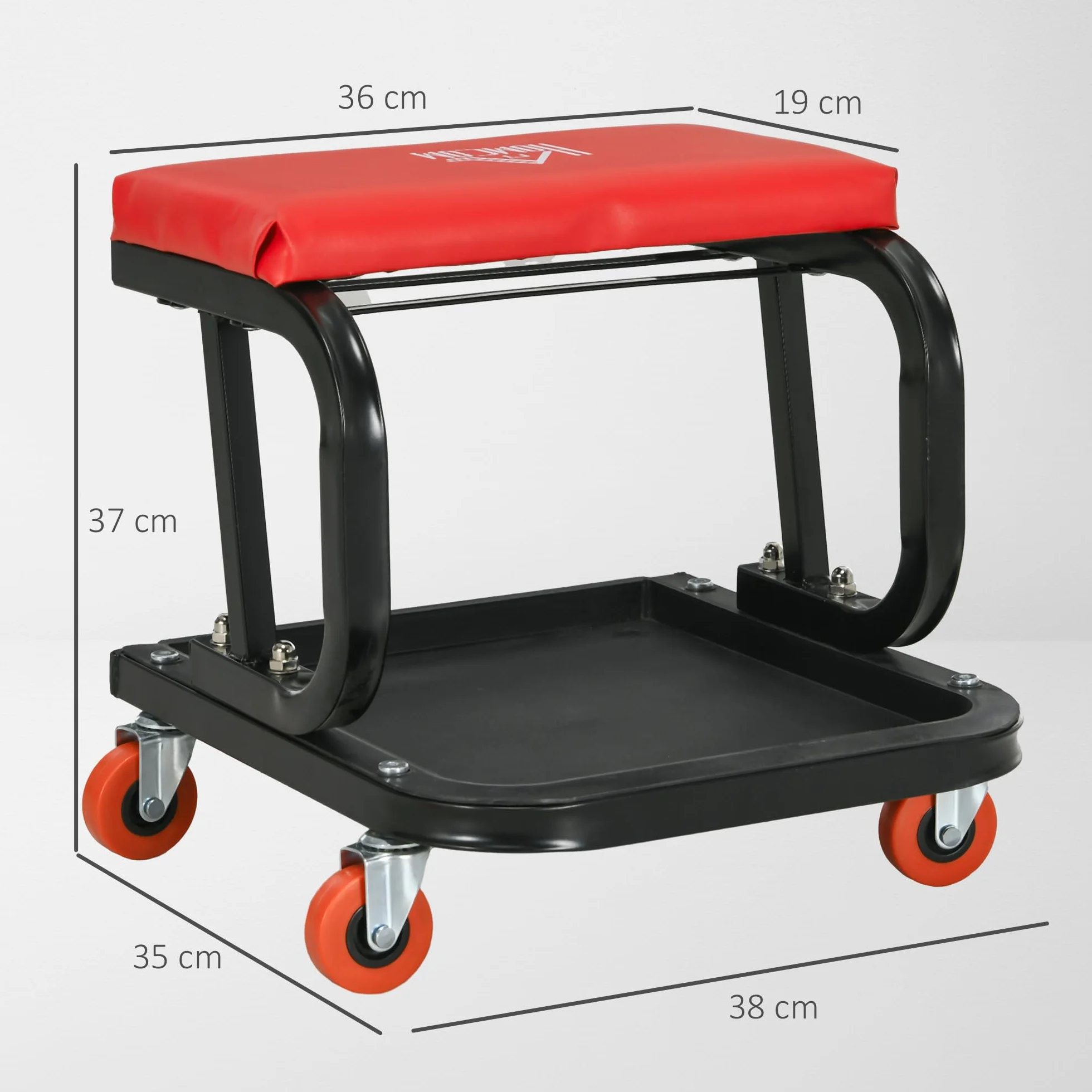 HOMCOM Sgabello da Officina con Ruote e Vassoio Porta Attrezzi, 38x35x37cm, Rosso