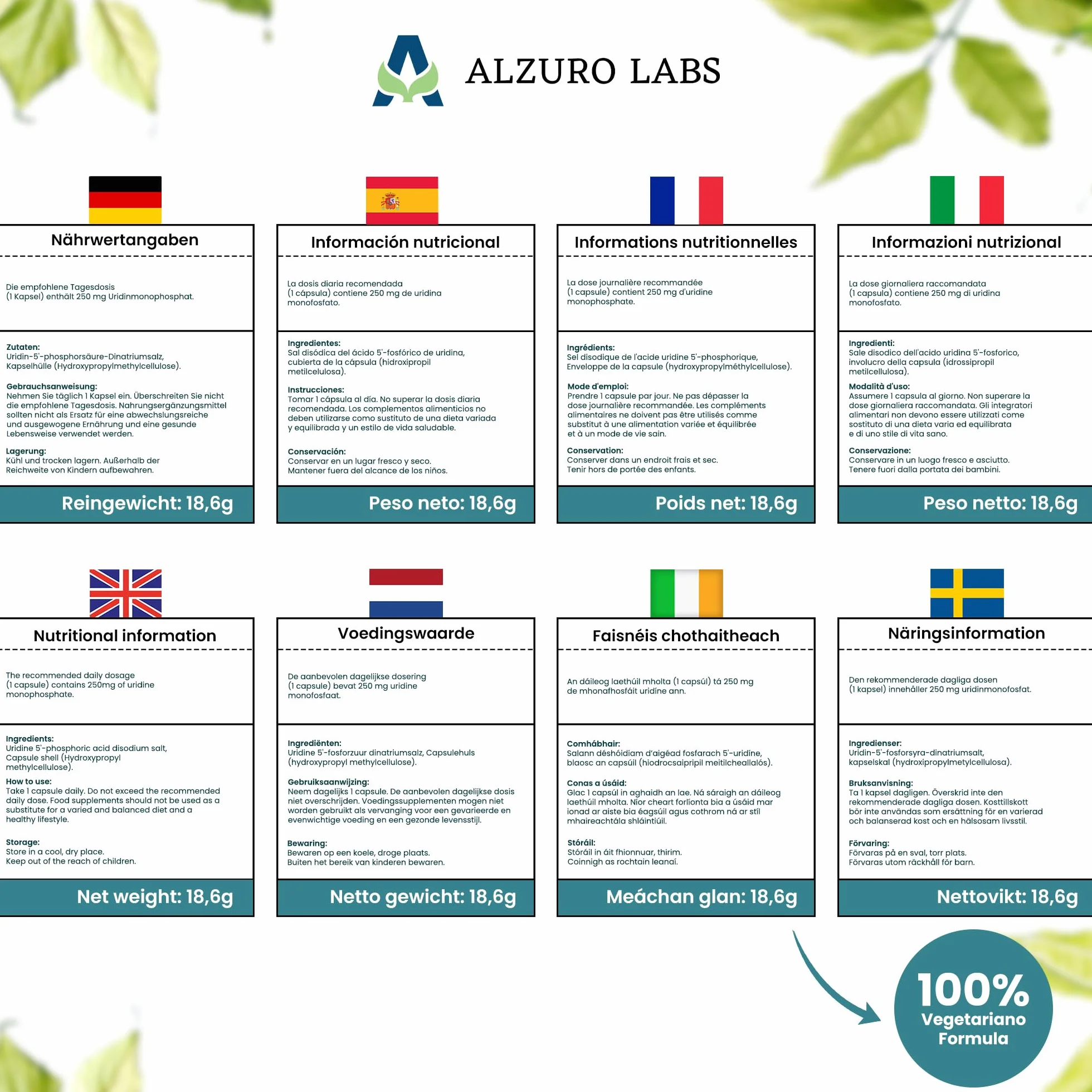 Uridina Monofosfato 250 mg 60 capsule vegane GMP Testato da Laboratorio Indipendente