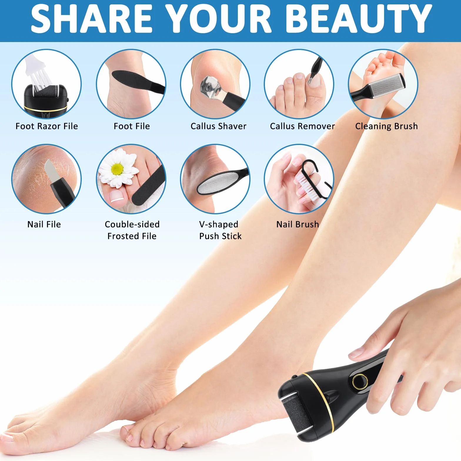 Pedicure Elettrico 18-in-1 Calli Piedi Rimozione Kit Ricaricabile con 3 Rulli