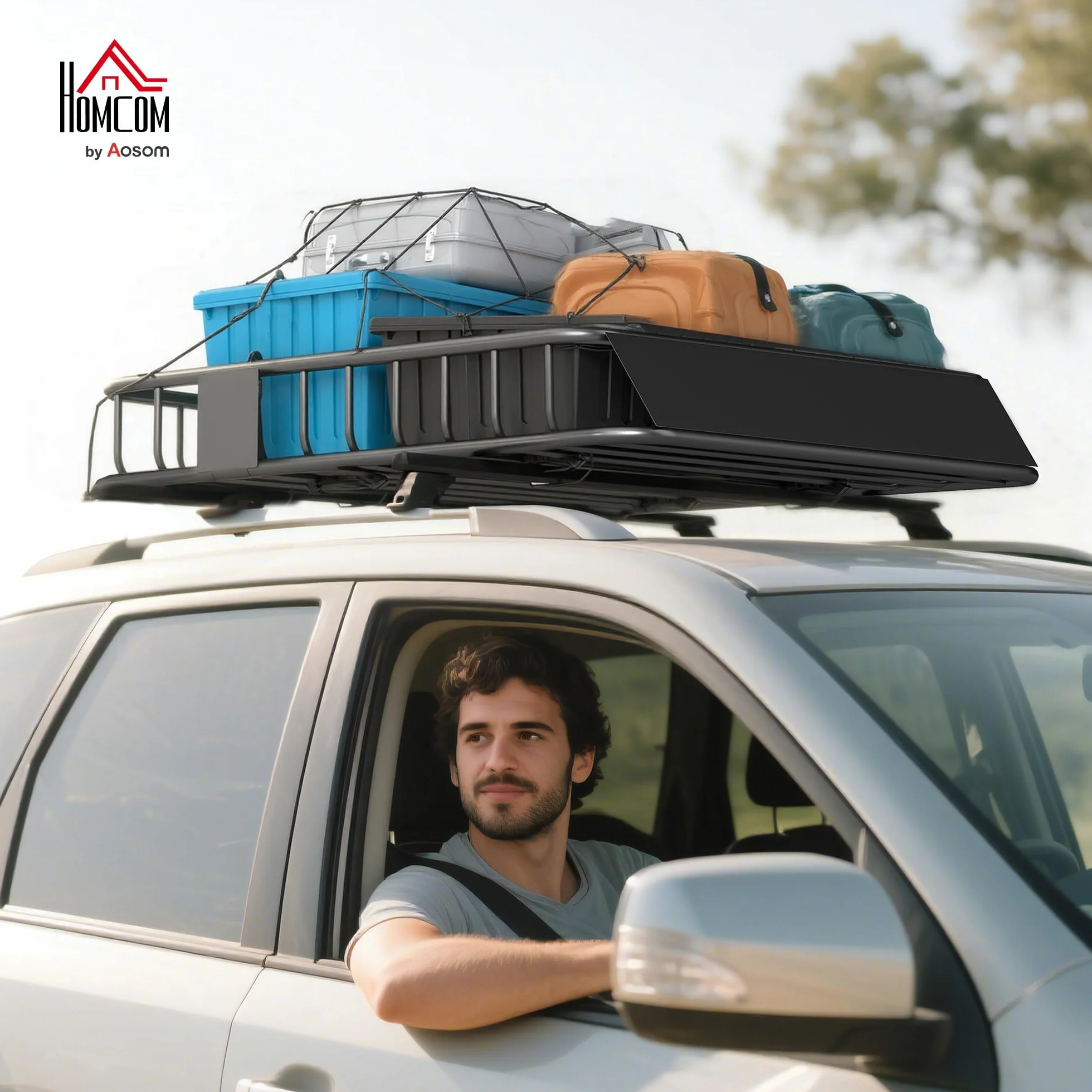 HOMCOM Portapacchi Auto Tetto da 90.7 kg, Cestello Portapacchi Auto Universale con Deflettori, Barre Laterali, Portabagagli in Acciaio, per SUV, Pickup, Fuoristrada, Berline, 110.5x99.5x18.5 cm, Nero