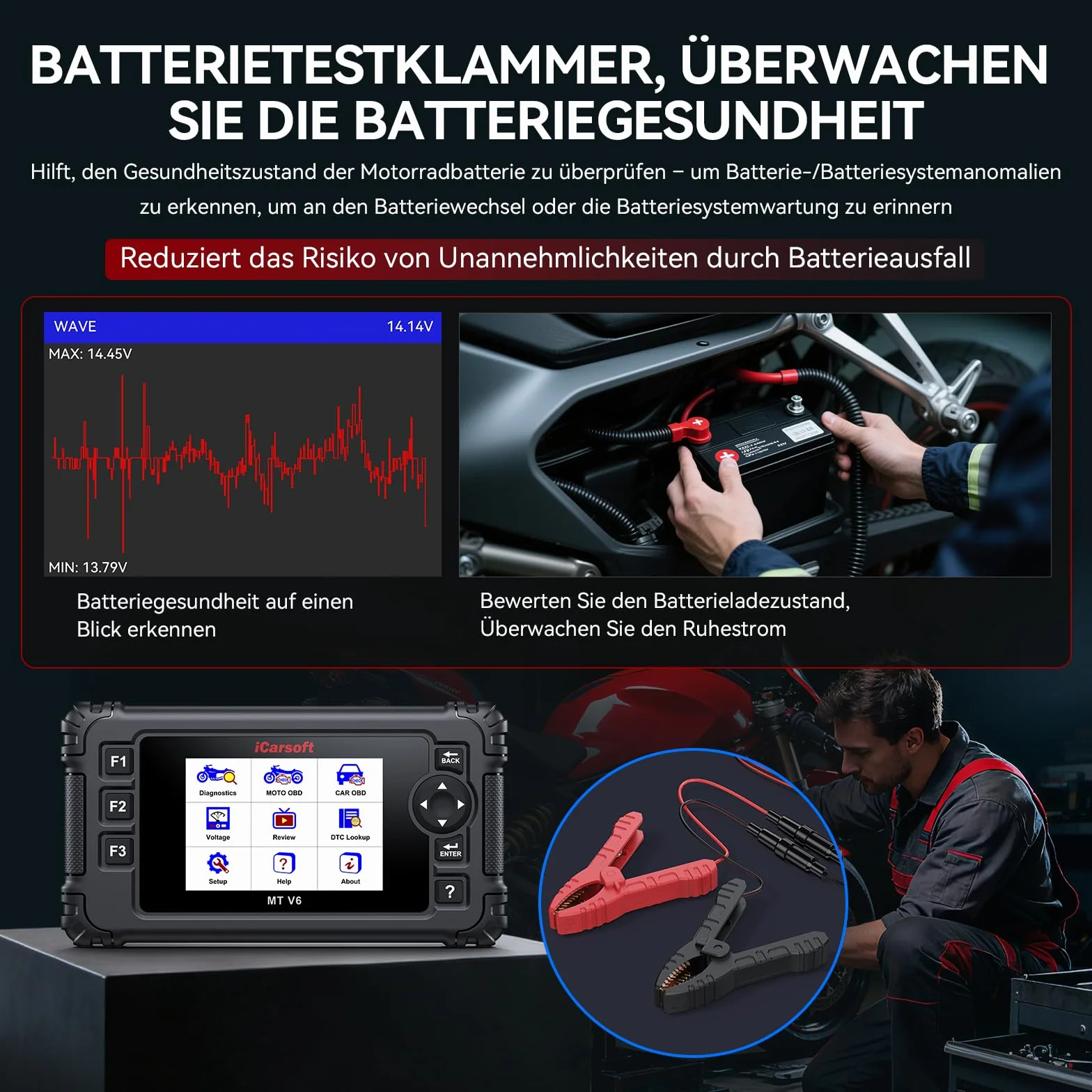 iCarsoft MT V6 Strumento di Diagnosi per Moto Ducati, Scanner OBD2 Completo, 153 Servizi Manutenzione, 112 Test Attuatori, Test Batteria