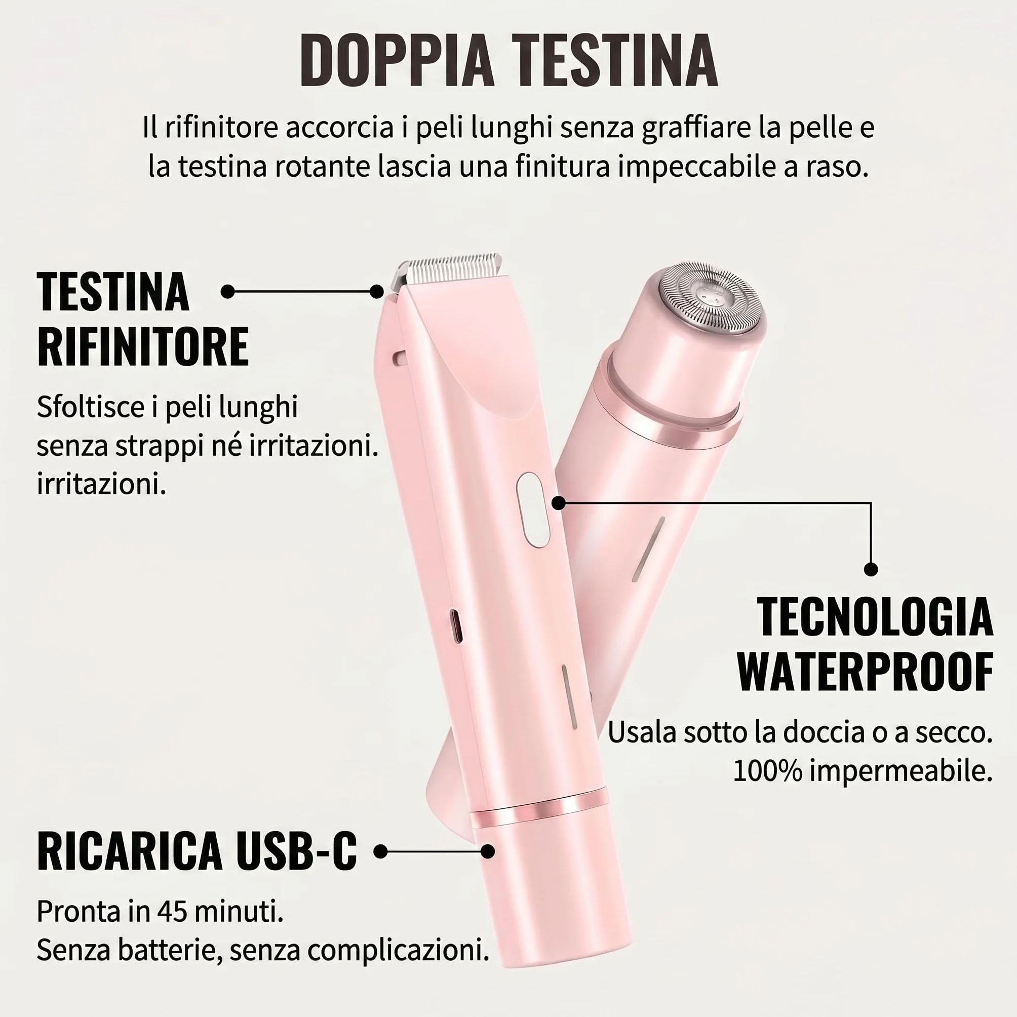 Rasoio Elettrico Donna 2 in 1 Bikini Corpo, Trimmer USB-C Ricaricabile Wet & Dry LED