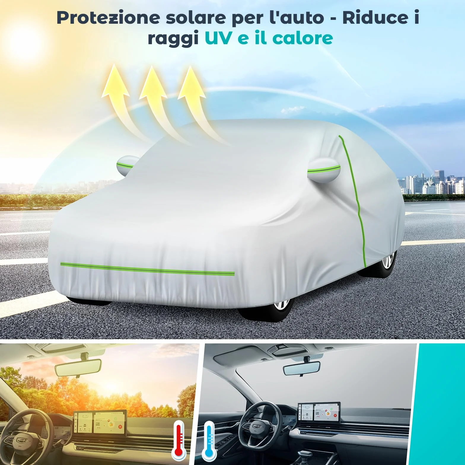 Telo Copriauto Impermeabile Anti UV Anti Vento e Antipolvere con Zip Laterale, Telo per Auto 460x185x160 cm Argento per Mid-size Car (Segmento D)