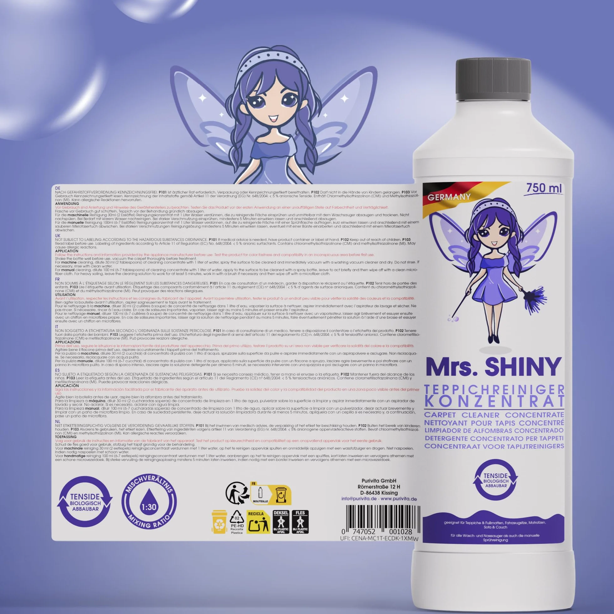 MRS. SHINY® Detergente Concentrato per Tappeti 750ML - Detersivo Lavatappeti - Senza APEO e Fosfati