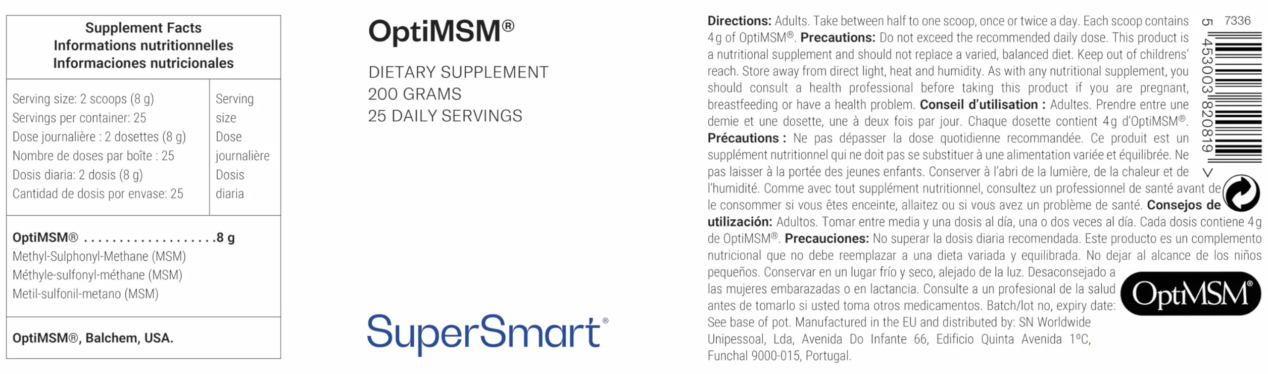 SuperSmart OptiMSM 200 G Metil-sulfonil-metano Zolfo organico Comfort articolare