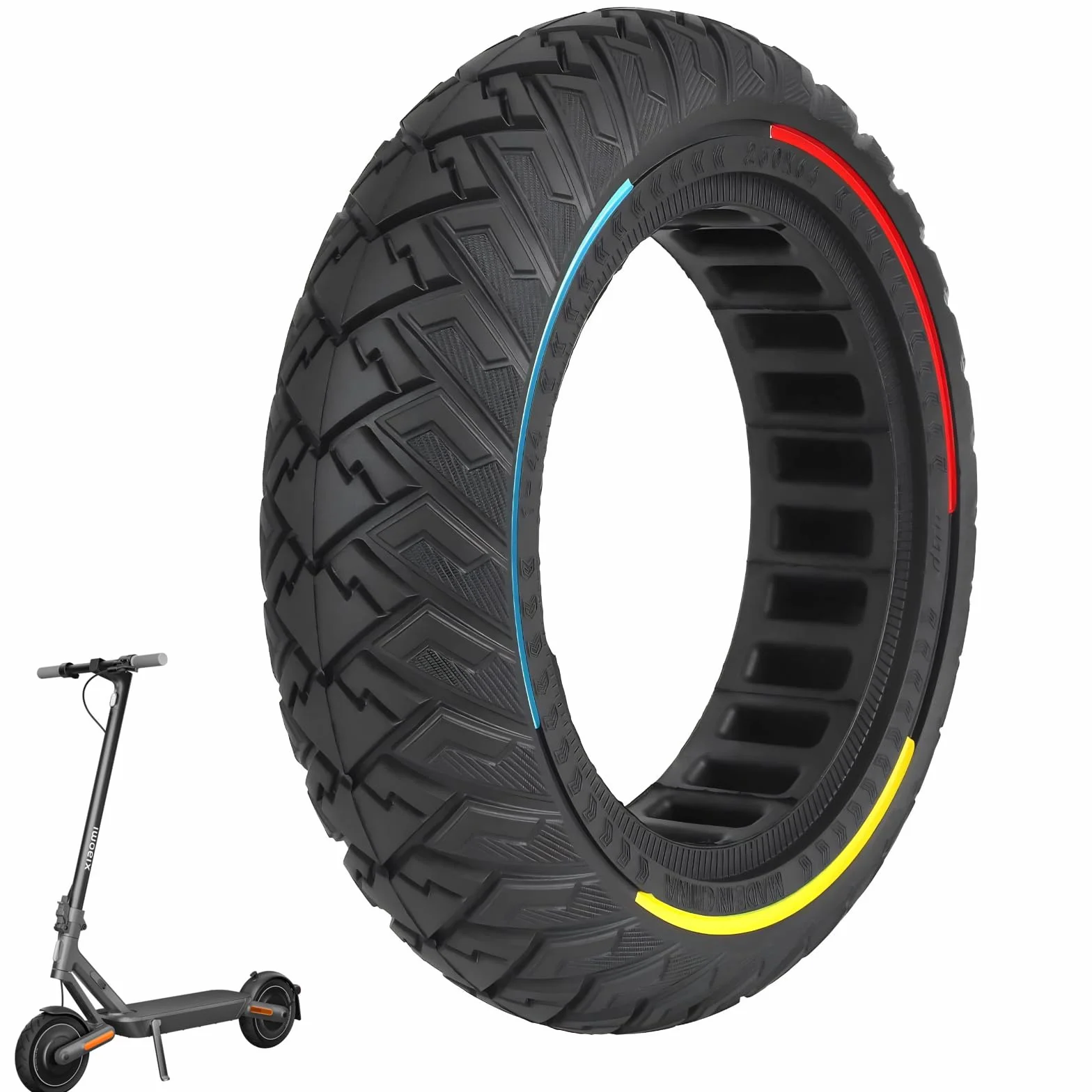 250x64 Pneumatici in gomma piena per monopattino elettrico - 10 pollici, pneumatici di ricambio per fuoristrada con cerchio tricolore per gli scooter elettrici Xiaomi 4 Ultra e Navee S65