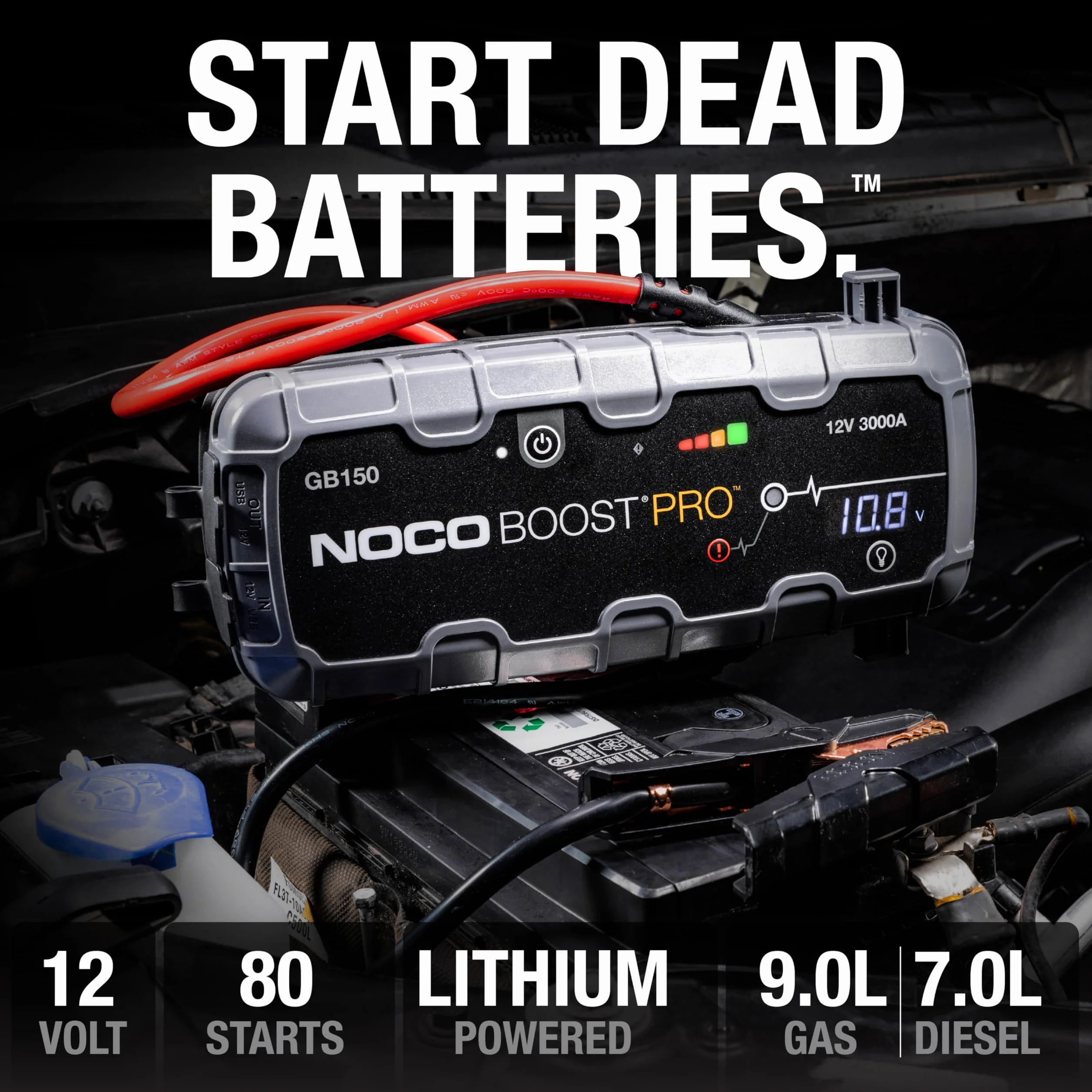 NOCO Boost GB150: Avviatore di Emergenza UltraSafe 3000A – Booster Batteria al Litio 12V, Caricabatteria Portatile Power Bank e Cavi Avviamento – Per Motori Benzina fino a 9.0L e Diesel fino a 7.0L