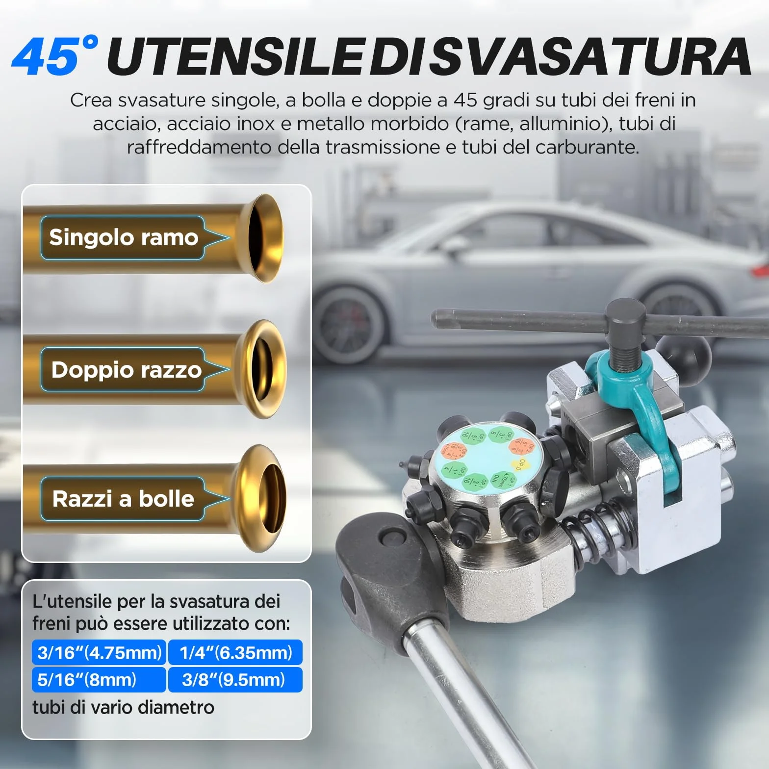 KAISAL Kit Svasatura Tubi Freno 45 Gradi Utensile Svasare Tubi Ø 4,75-9,5mm Semplice Bolla Doppia