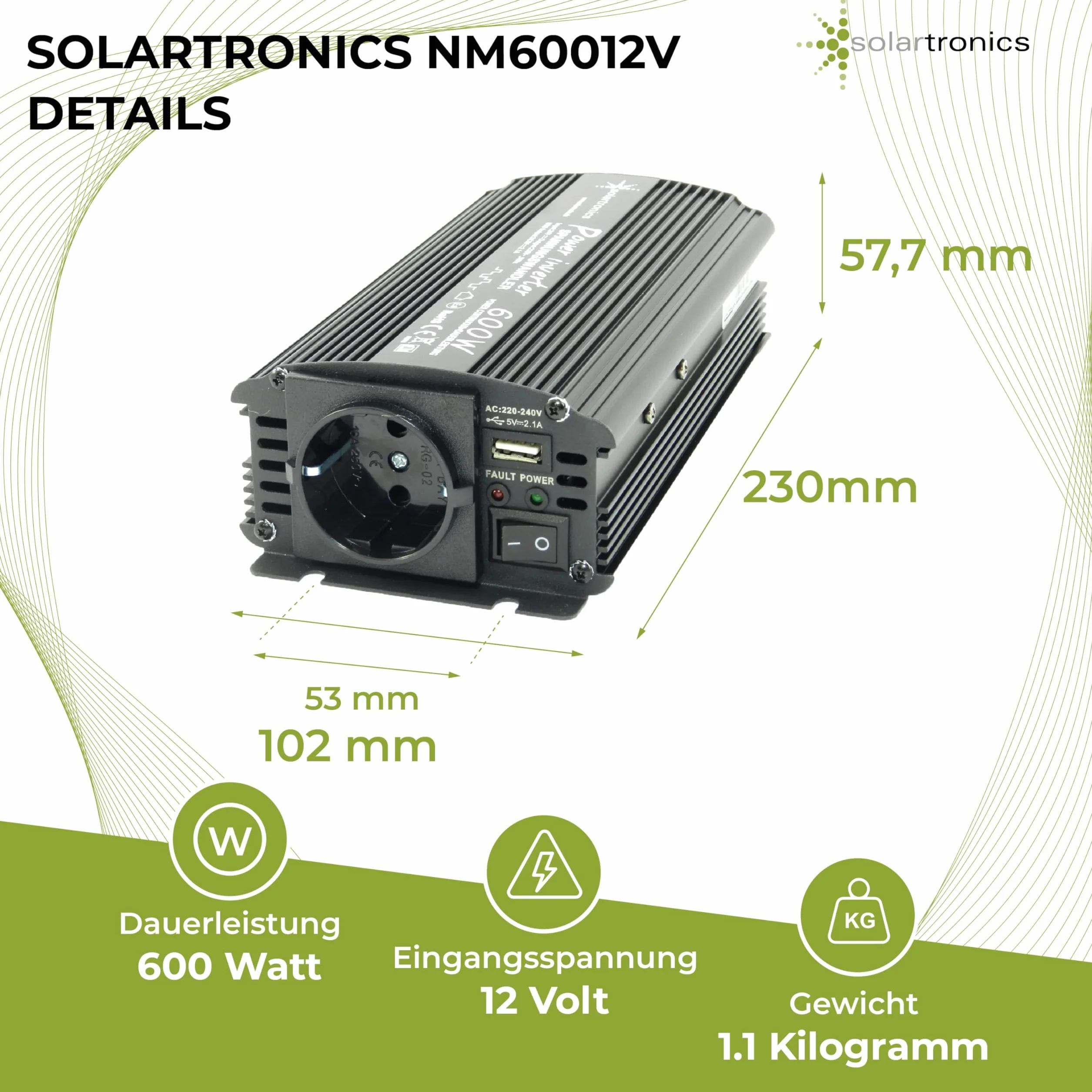 SOLARTRONICS Trasformatore di tensione NM600, 12 V, 600 W, 1200 Watt, inverter da 12 V a 230 V, compatibile con batteria LiFePO4