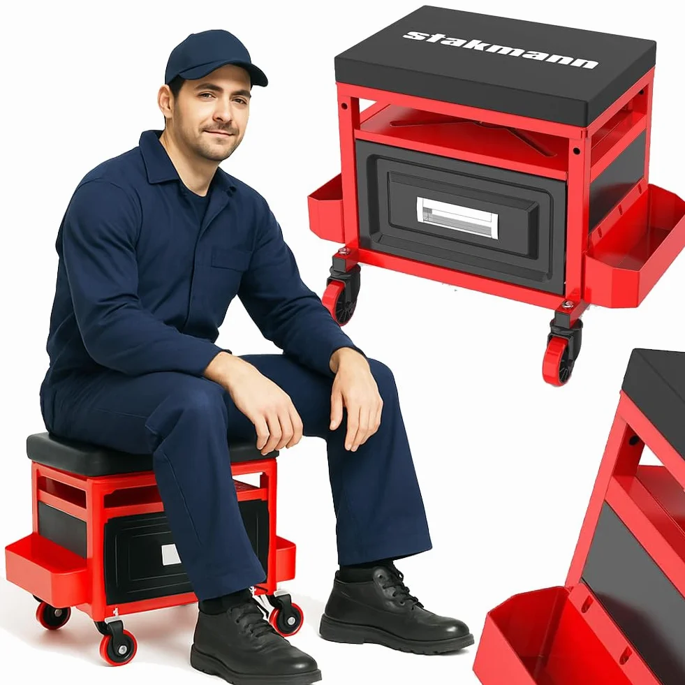 Sgabello Mobile da Officina con Cassetto, Vani e Vassoio Porta Attrezzi e Viti, Sedia per Maccanico Officina Portattrezzi, Ruote Girevoli a 360°, Seduta Imbottita e Struttura Acciaio, capacità 136kg