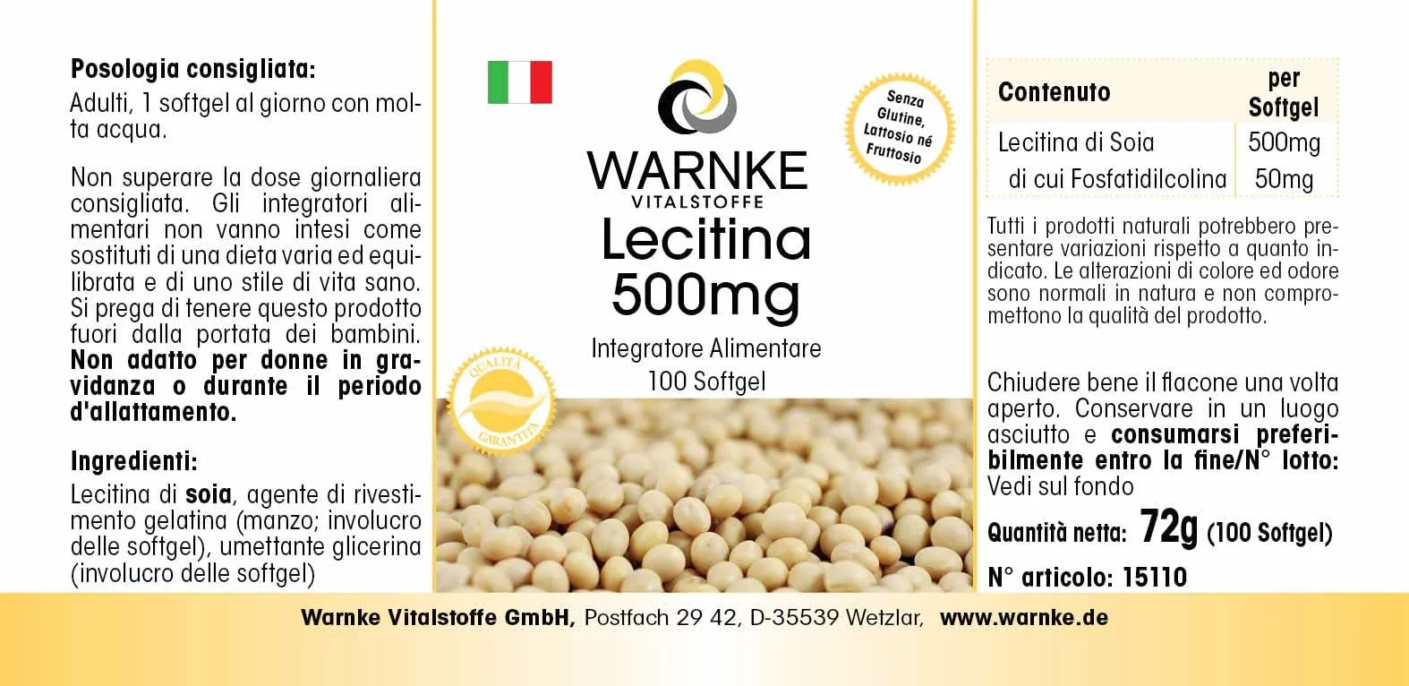 Lecitina di soia capsule molli 500mg - No OGM - 100 Softgels - Warnke Vitalstoffe