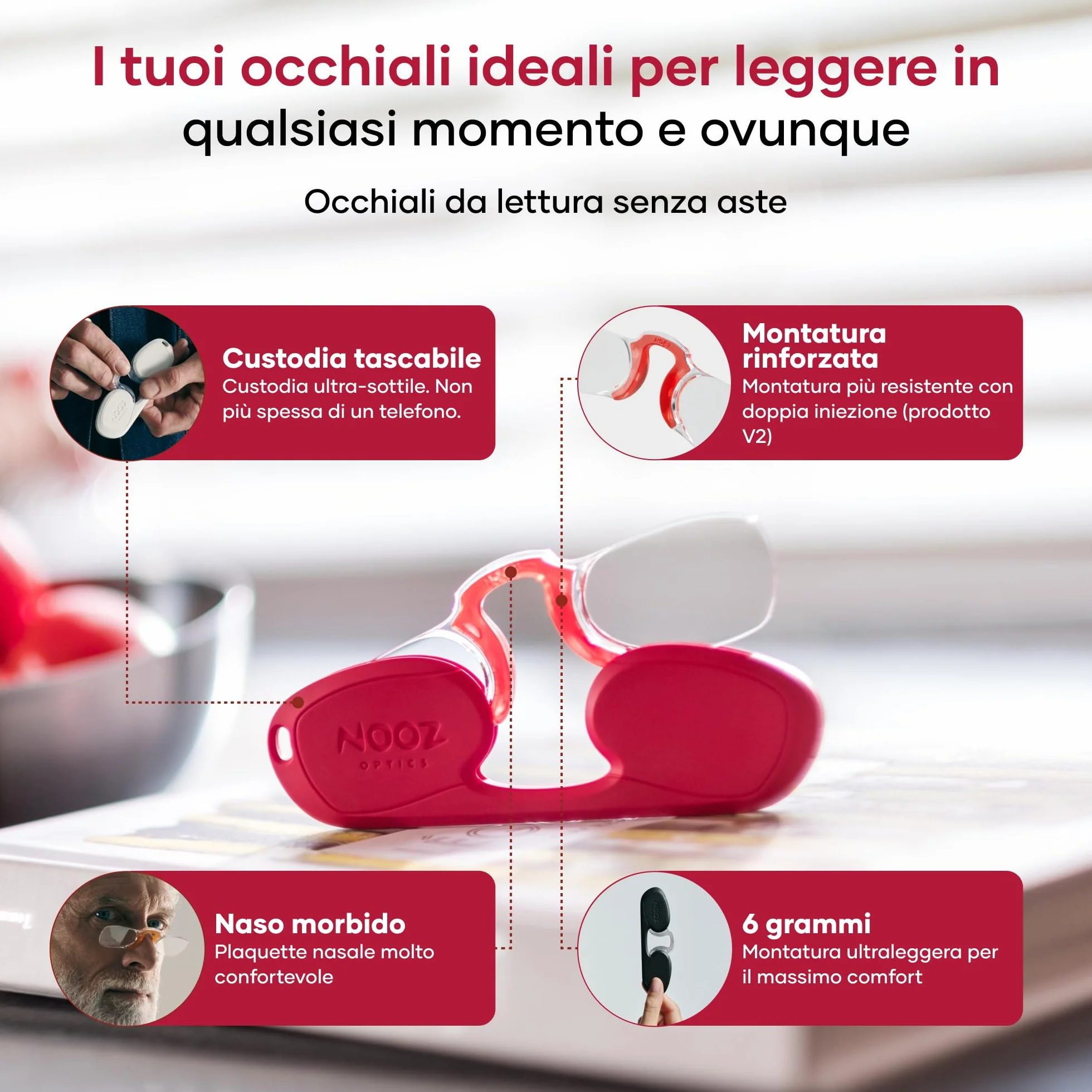 NOOZ Occhiali da Lettura Senza Aste Ultraleggeri 6 g - Per Presbiopia Uomo Donna Compatti con Custodia Portachiavi