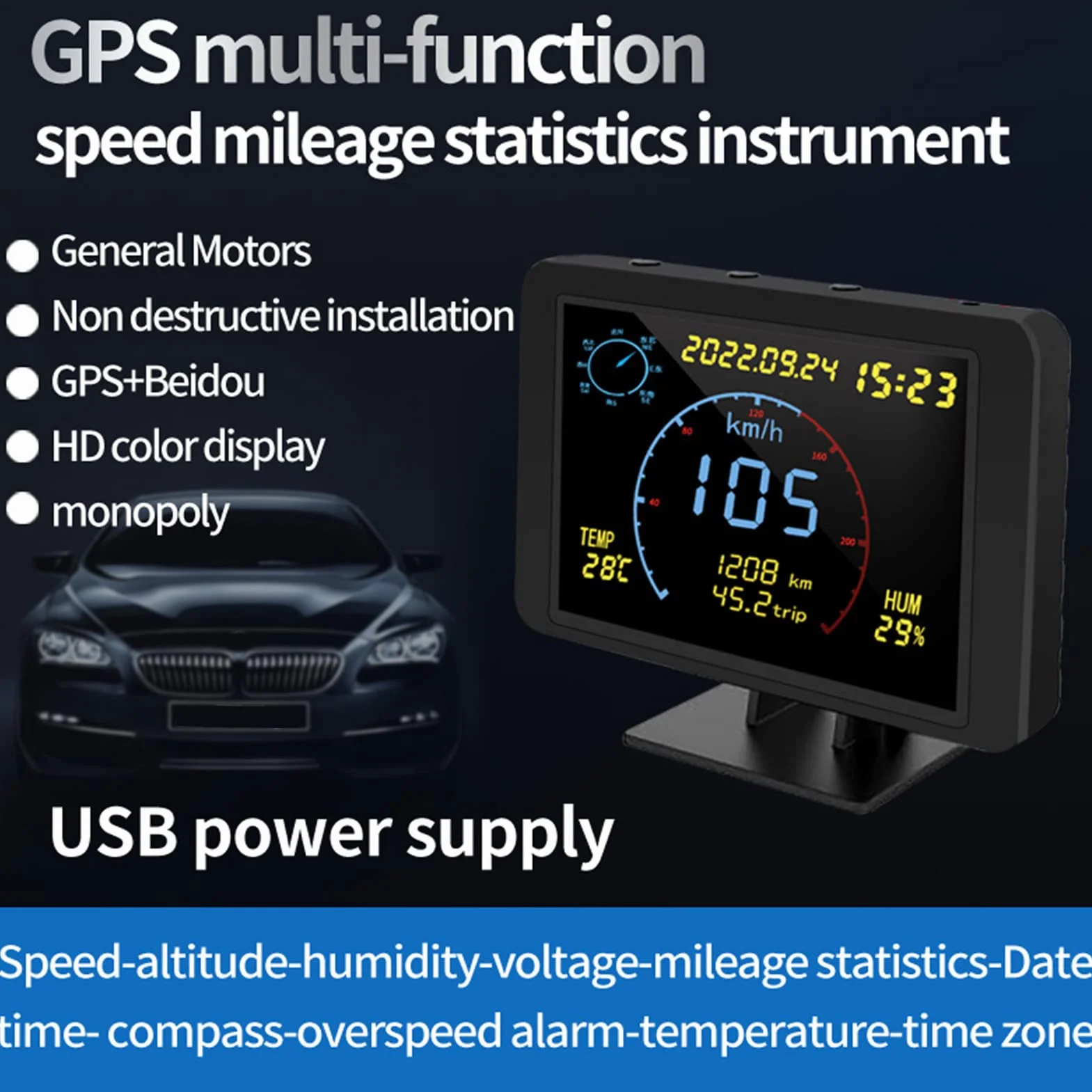 Contachilometri GPS digitale Contachilometri Display LCD da 4,7 pollici Display HUD con allarme di velocità eccessiva per tutti i veicoli 5-24V