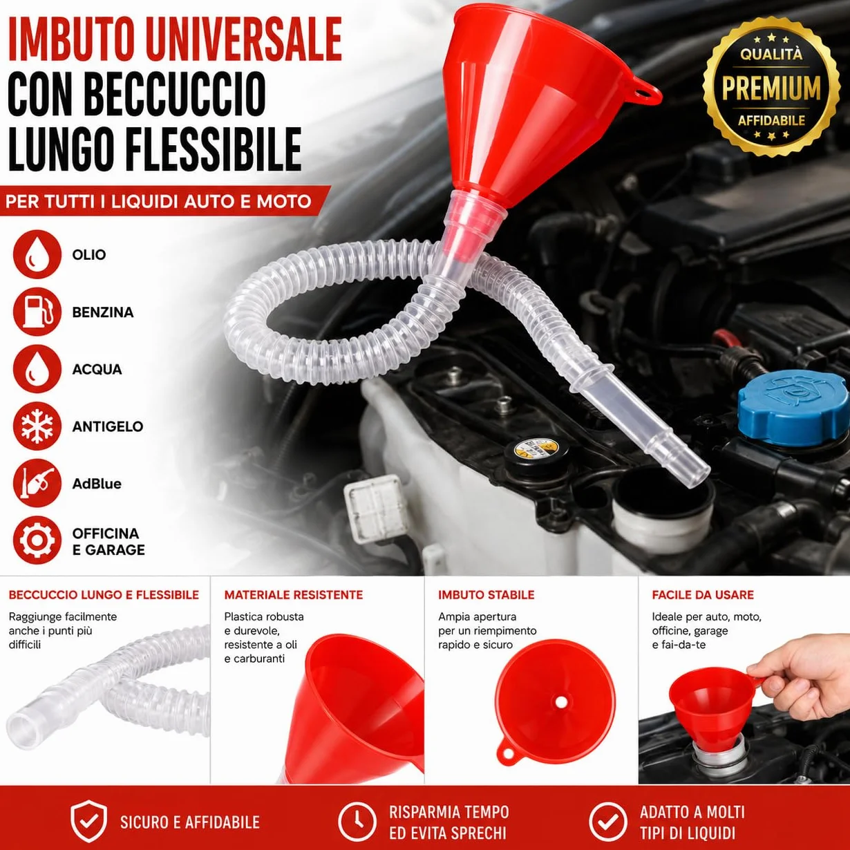 Imbuto Universale Auto con Beccuccio Lungo Flessibile Ø8 cm – per Olio, Benzina, Acqua, Antigelo, AdBlue