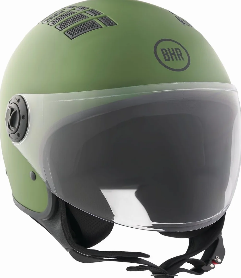 BHR Casco Demi-Jet 834 FLOW - Casco Scooter Estivo Omologato ECE 22.06 con 16 Fori di Aerazione - Visiera Antigraffio e Sgancio Micrometrico, Verde Opaco, L