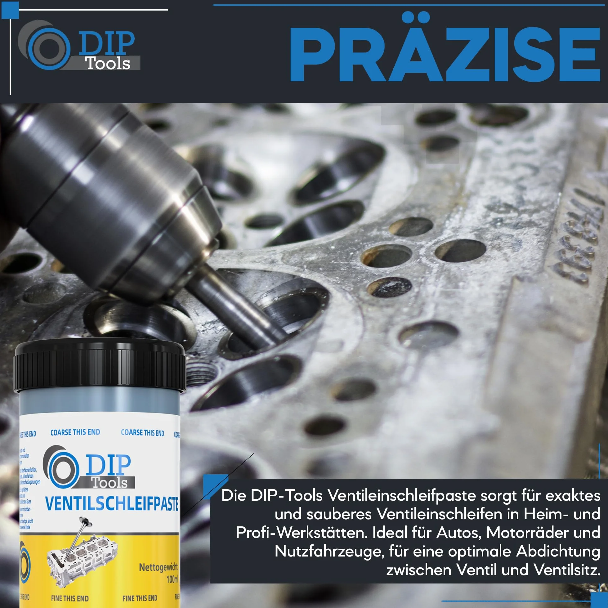 DIP-Tools pasta abrasivo per valvole, 100 ml, set monoabrasivo per auto, moto, motore, officina