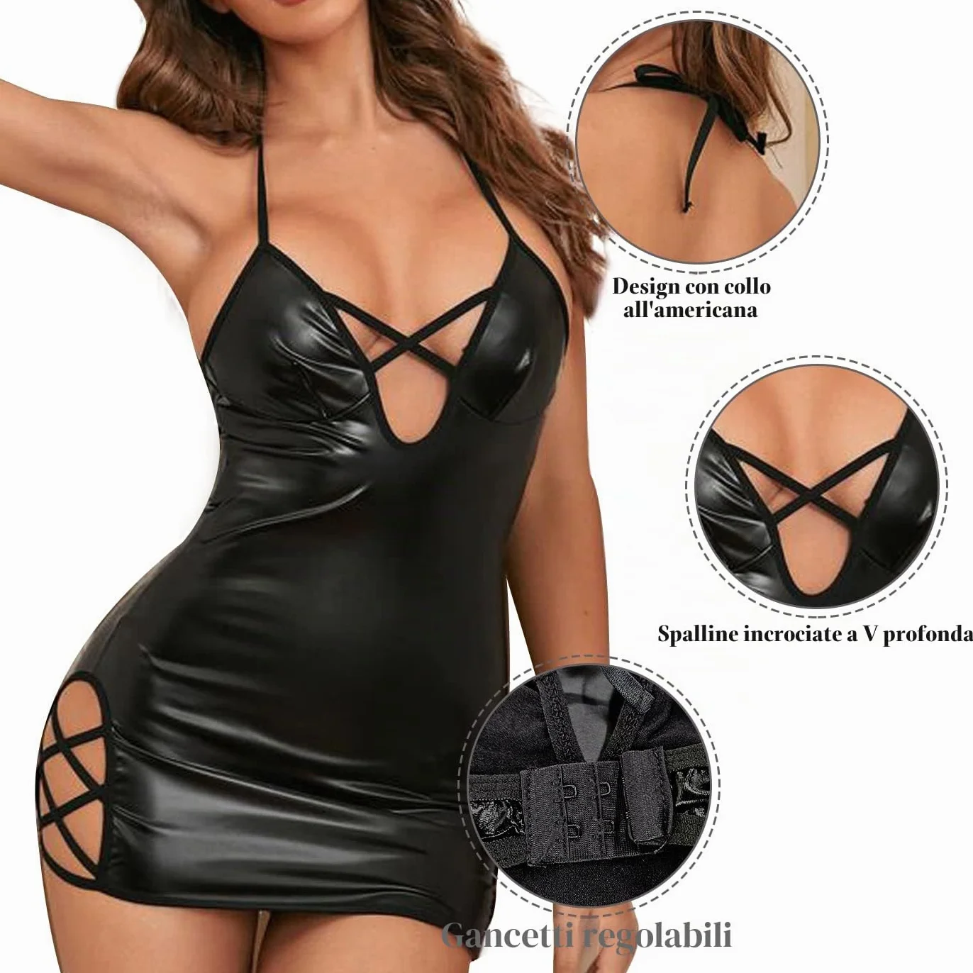 VicSec Abito Sexy in Pelle PU con Spalline Incrociate Punk Gotico Senza Schienale Halter Clubwear
