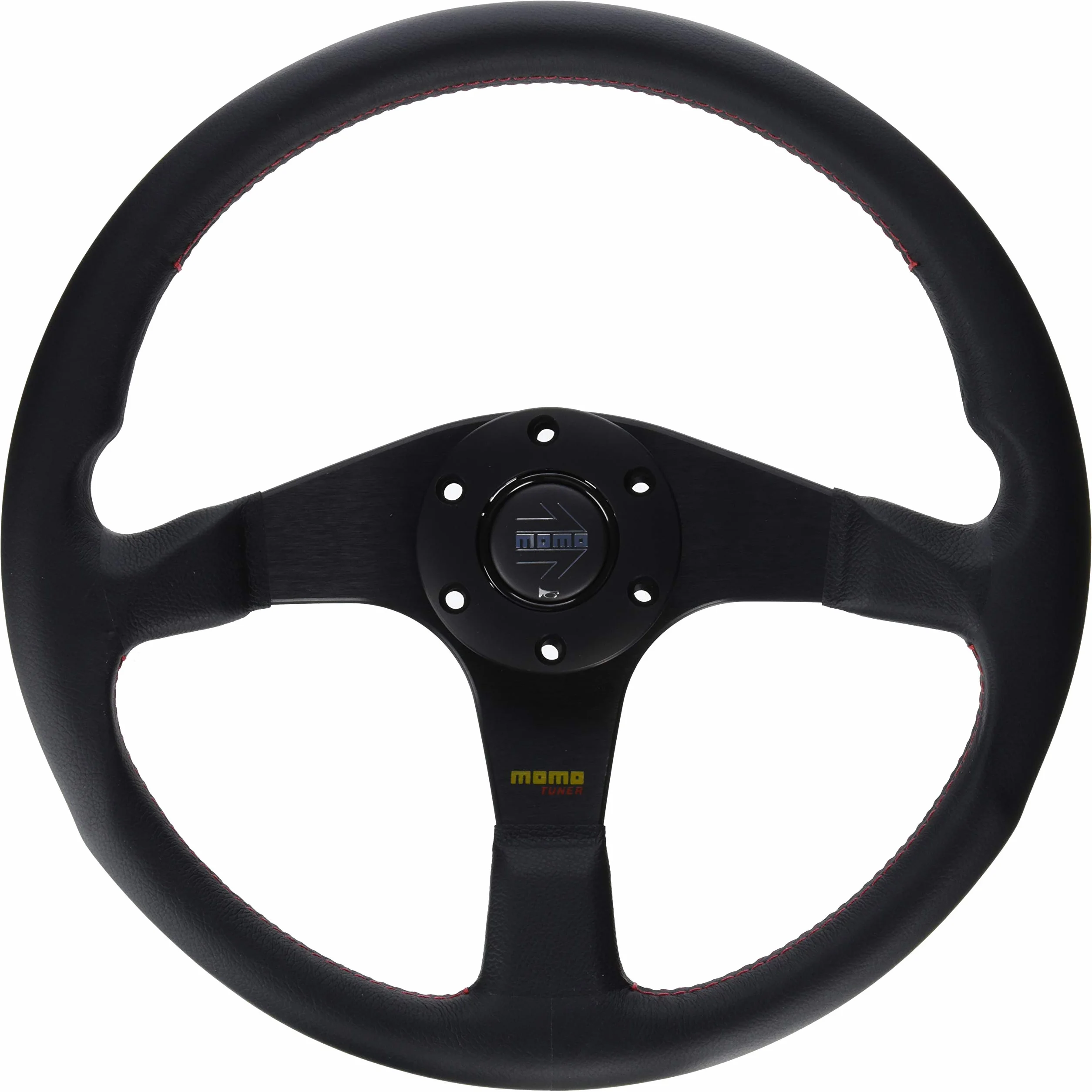 MOMO Volante Tuner | Impugnatura in pelle nera da 350 mm | 3 razze anodizzate nere spazzolate | Misura universale | Adattatore richiesto | Design ispirato alle gare