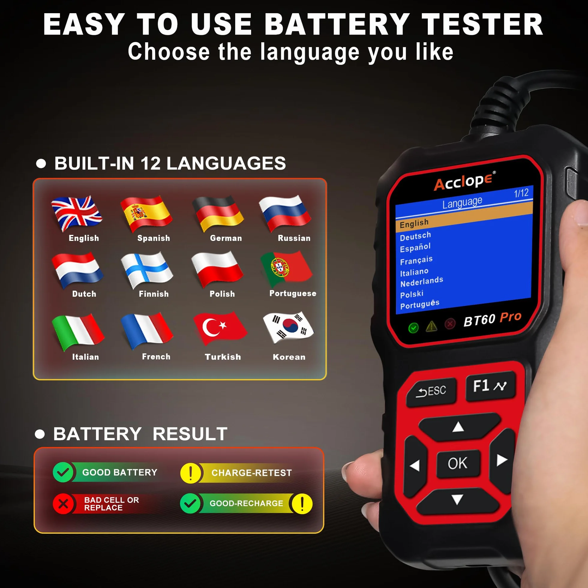 BT60 Pro Tester Digitale per Batterie Auto, CCA 100-3000, Analizzatore 6V 12V 24V, Sistema di Diagnostica Alternatore per Auto, Moto, Camion, Compatibile con AGM, Litio, Gel