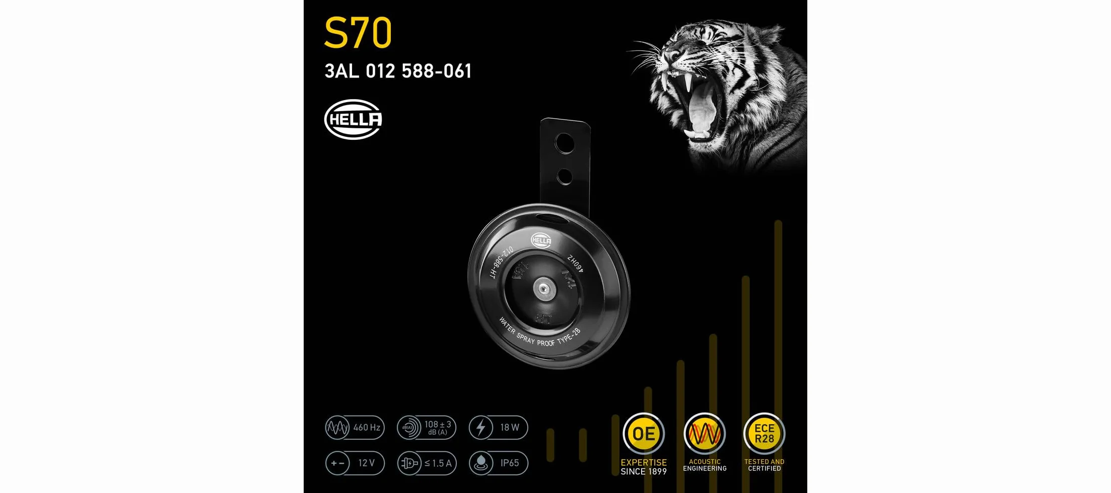HELLA 3AL 012 588-061 Segnale Clacson - HELLA ESSENTIAL HORN S70-12V - 108dB (A) - Gamma di frequenza: 460Hz - Tono alto - Elettrico - Colore alloggiamento: Nero - Quantità: 1