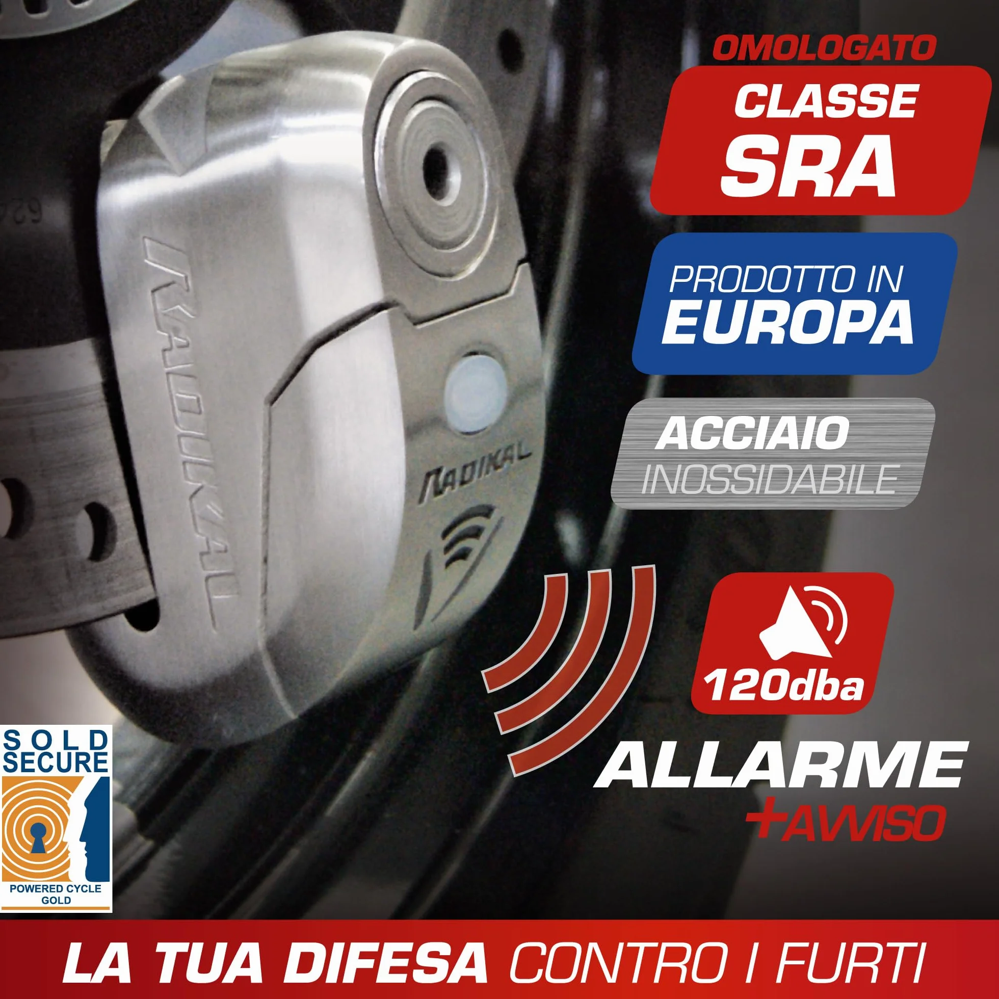 RADIKAL RK14S Antifurto Moto Blocca Disco Premium con Allarme | Attivazione a scelta, 120dB, Avviso LED, Warning Preallarme | Lucchetto Omologato SRA, Acciaio Inossidabile Doppio Bloccaggio ø14, Inox