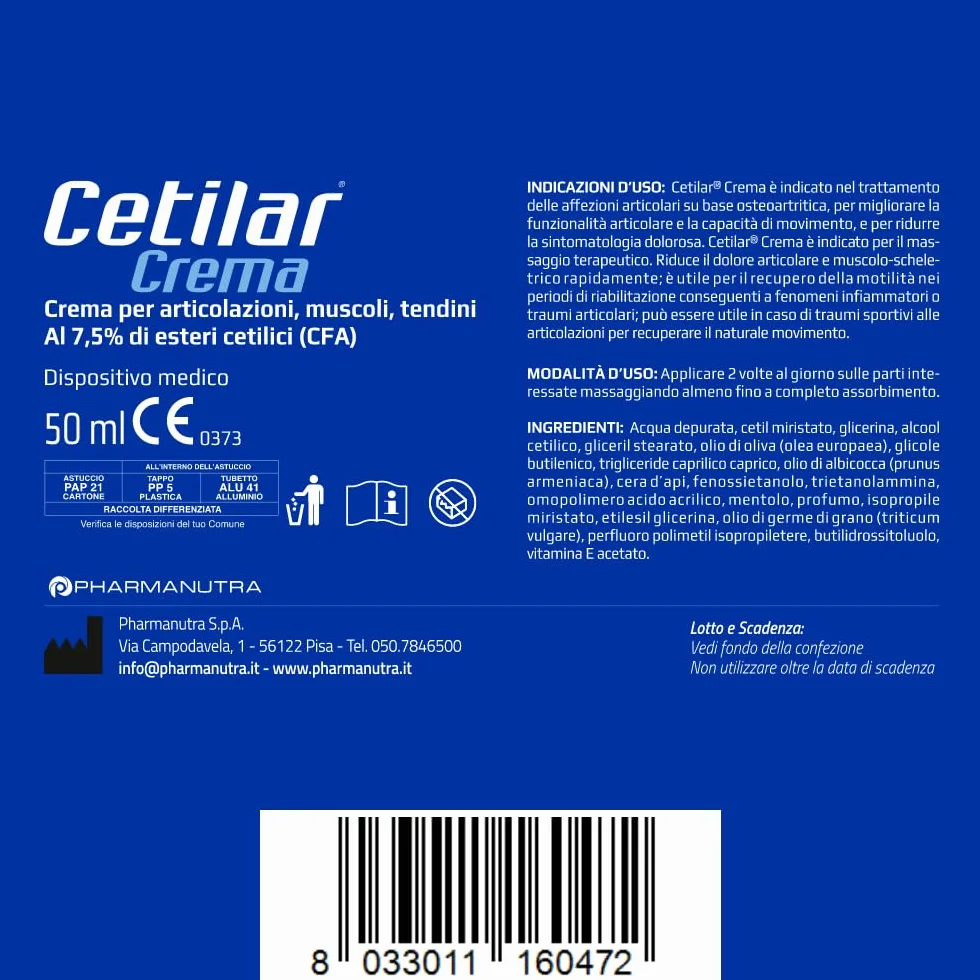 Cetilar Crema 50 ml Pharmanutra, Formula a base di esteri cetilici (CFA 7,5%) per articolazioni, muscoli e tendini