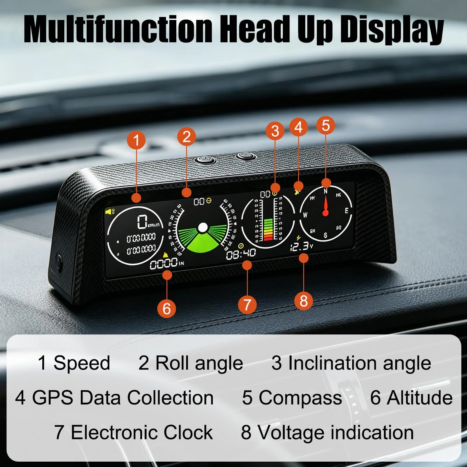 Inclinometro 4x4, Inclinometro Digitale Fuoristrada, Tachimetro Universale per Auto, Head Up Display Auto GPS HUD Con Bussola, Spina accendisigari