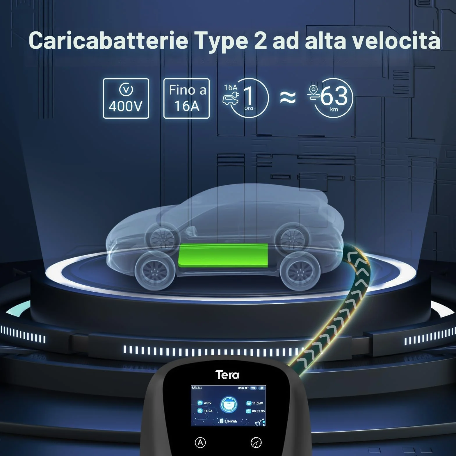 Tera Caricabatterie EV Tipo 2 11kW Certificato CE TüV App WLAN Bluetooth Cavo 7m Spina CEE Trifase Nero