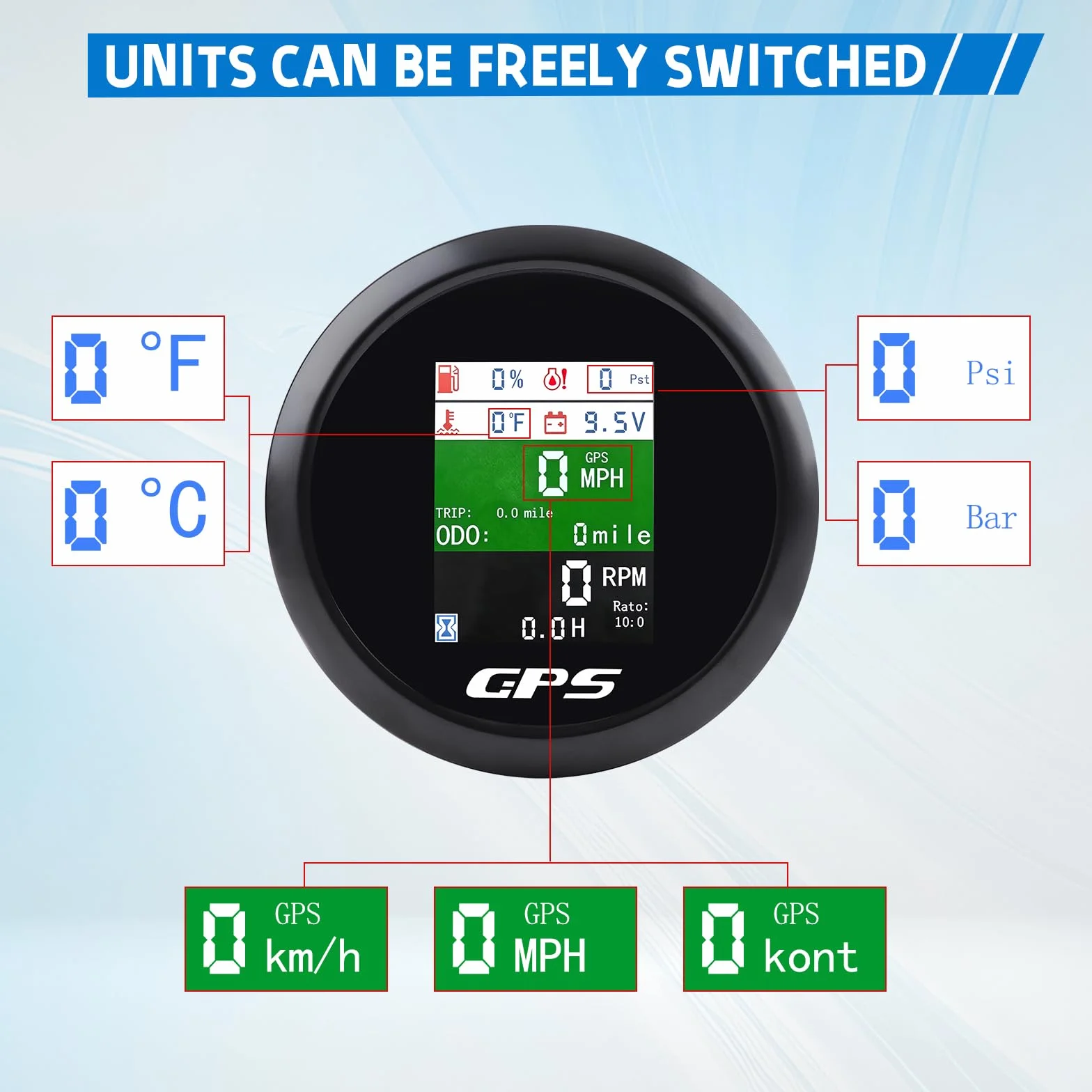Tachimetro GPS 85 mm 6 in 1 Multifunzione Digitale Tachimetro Contagiri Voltmetro Indicatore Livello Carburante Temperatura Acqua e Pressione Olio