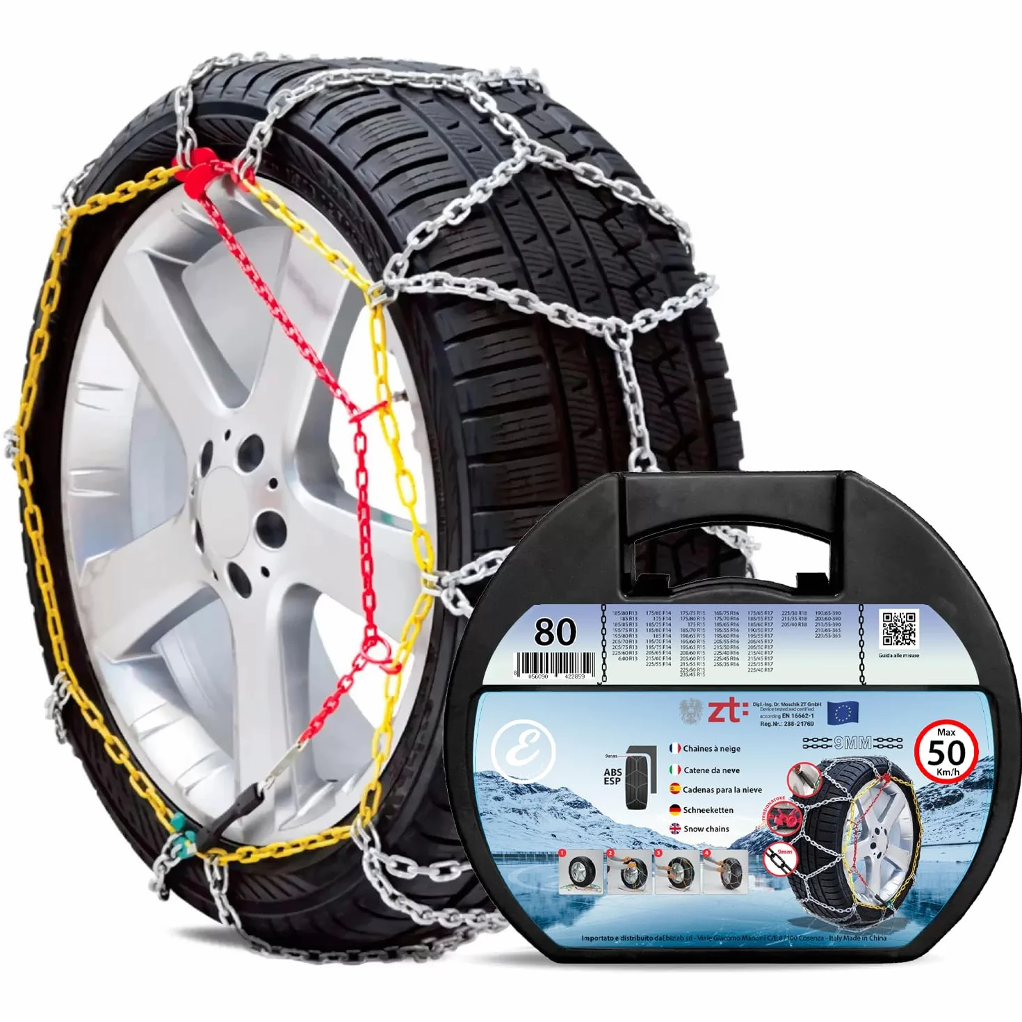 Catene Da Neve Auto Omologate Montaggio Rapido 9 mm Metallo Tensionatore Autobloccante Misura 80