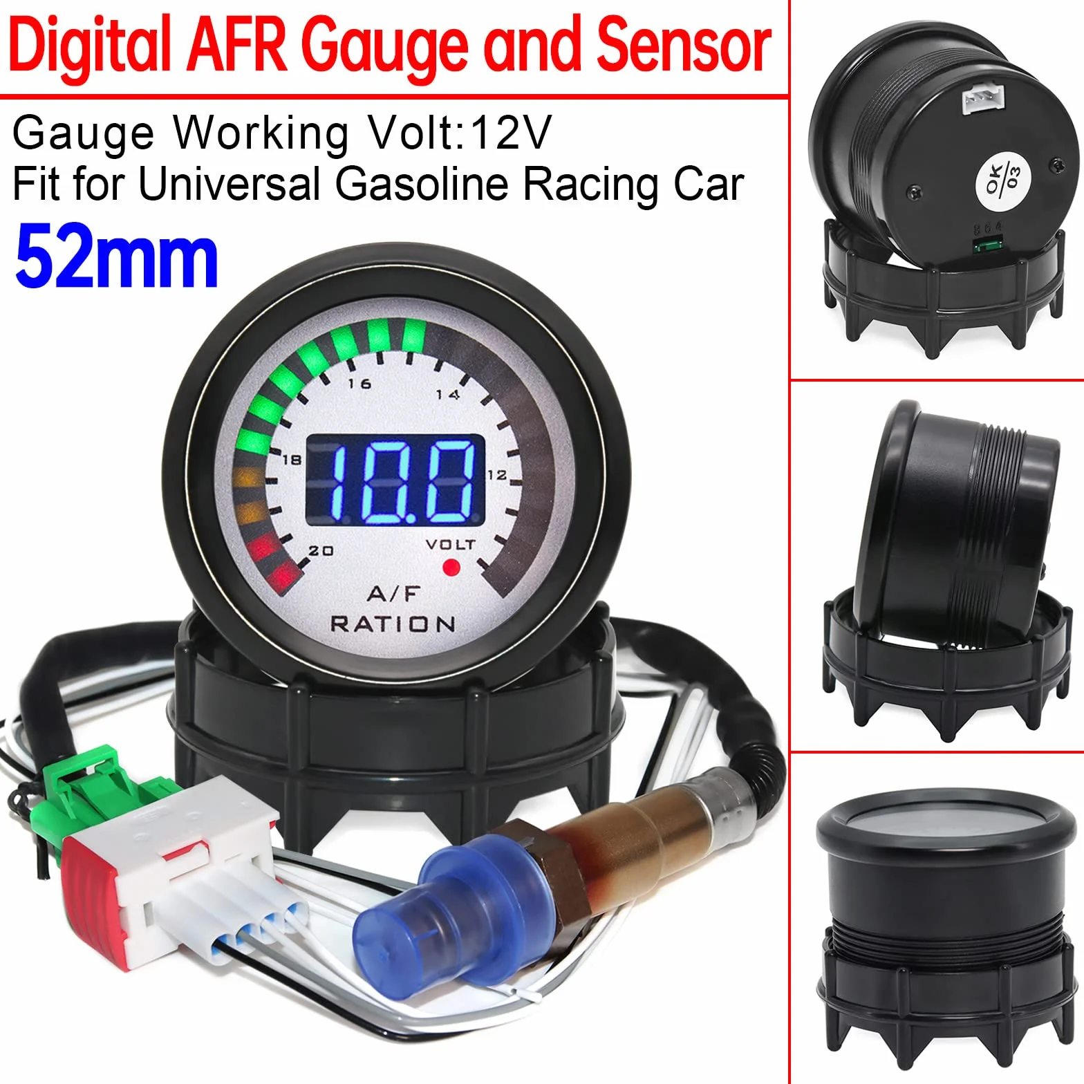 52 mm Digital Air Fuel Ratio Gauge auto da corsa LED blu con banda stretta O2 sensore di ossigeno per auto da 12 V