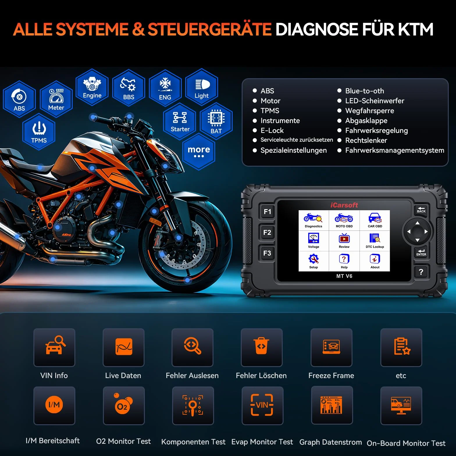 iCarsoft MT V6 Scanner OBD2 Diagnostica Moto KTM, 88 Servizi Manutenzione, 108 Test Attuatori, Test Batteria