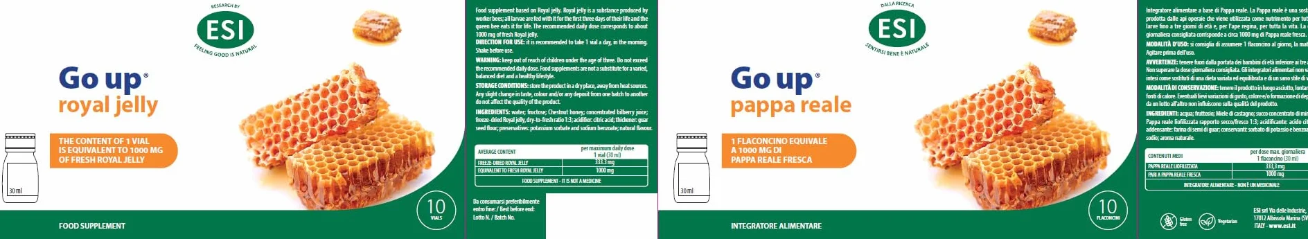 ESI Go Up Pappa Reale 1000 Integratore Alimentare con Vitamine A E B Magnesio Potassio Gusto Fragola 10 Flaconcini