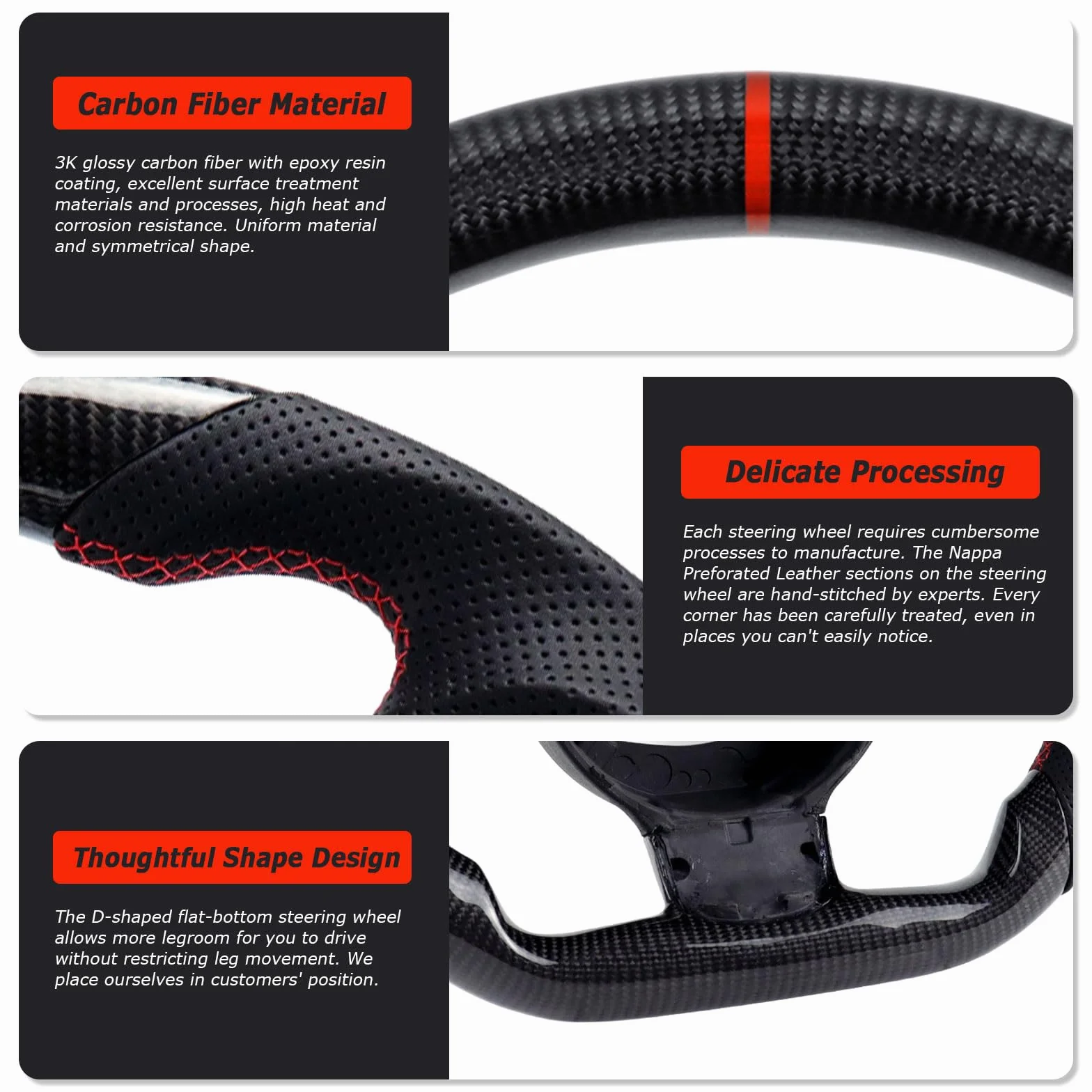 Volante in fibra di carbonio D piatto con cuciture rosse per Audi TT TTRS R8 2007-2015