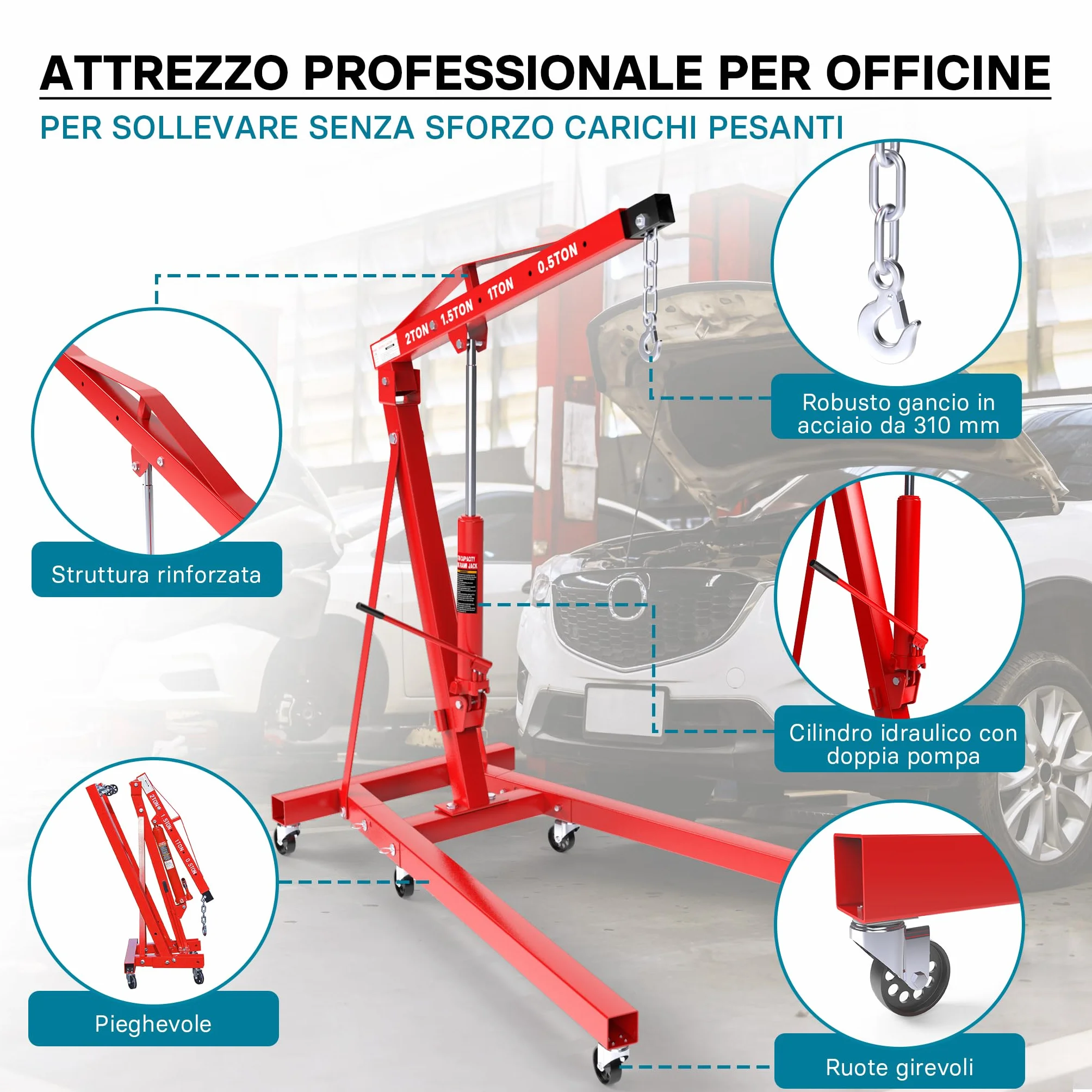 Wiltec gruetta idraulica da officina 2000kg, gru manuale pieghevole con doppia pompa