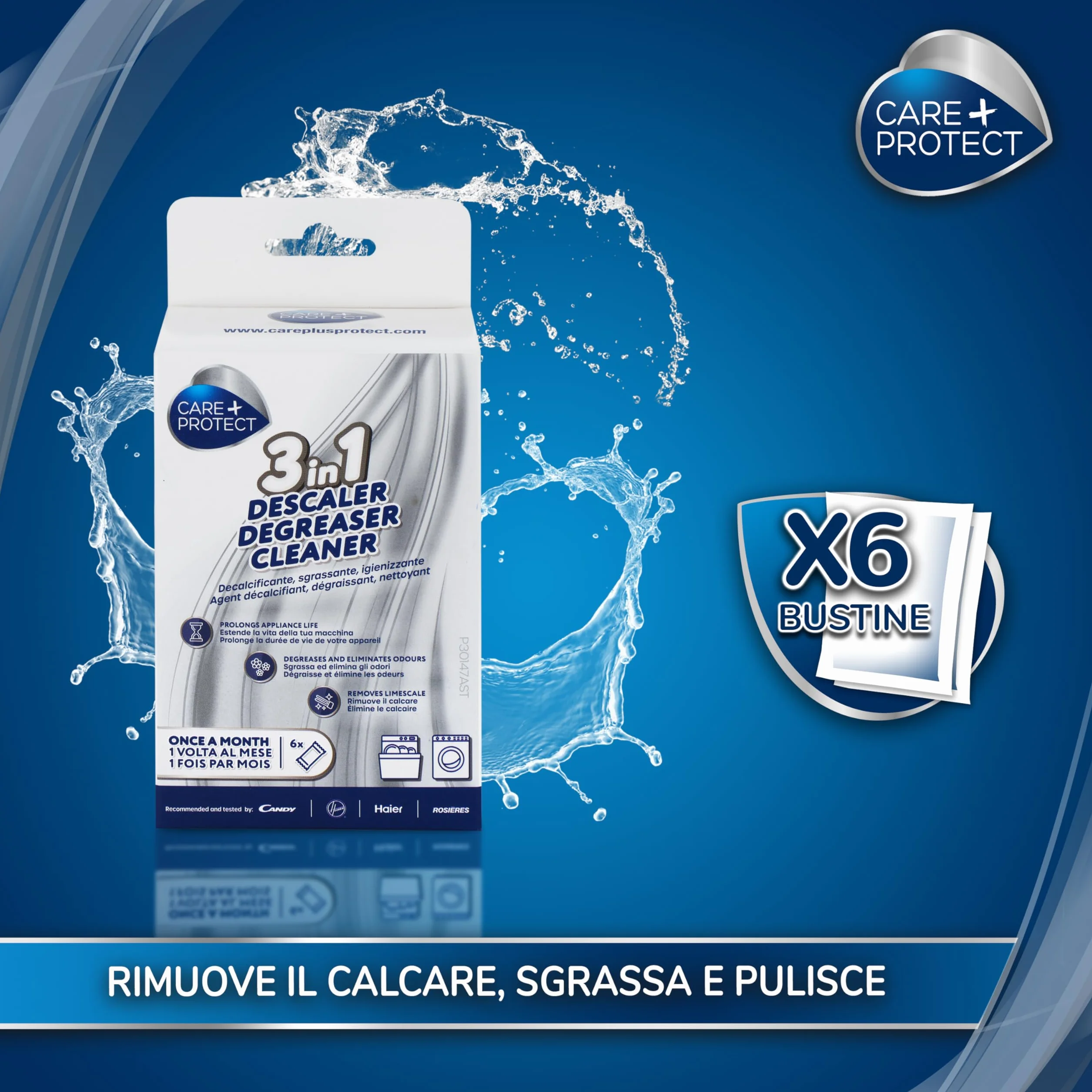 CARE + PROTECT 3 in 1 Anticalcare Sgrassante Igienizzante per Lavastoviglie Lavatrice 6 Bustine