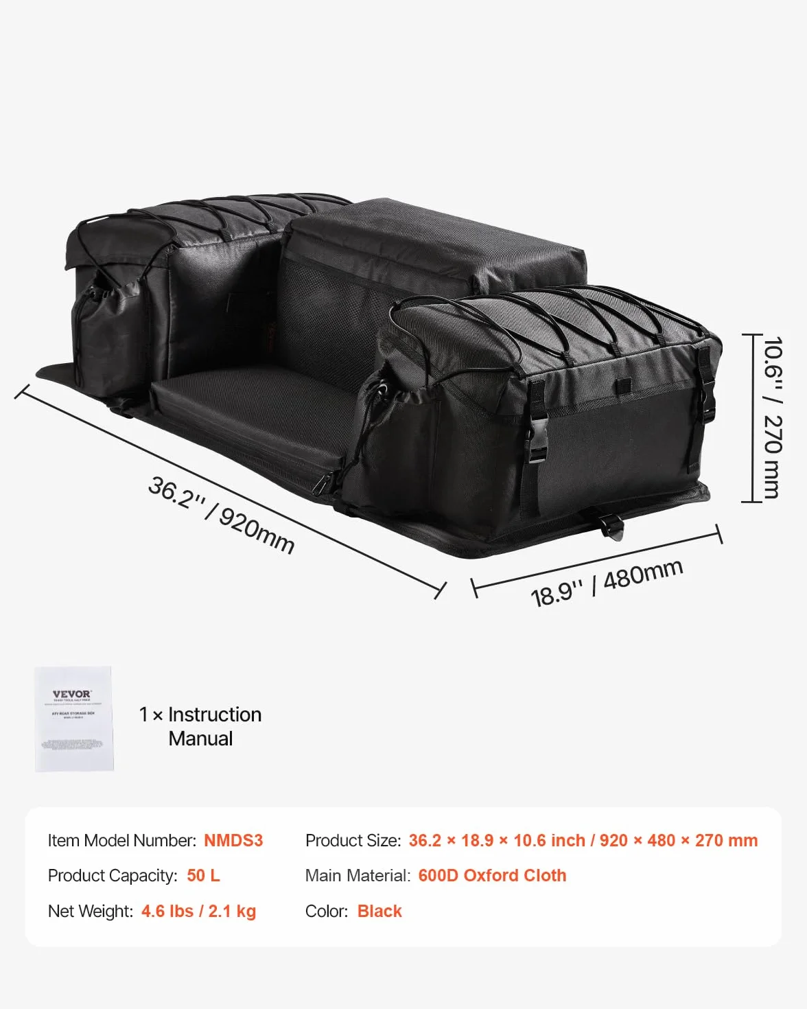 VEVOR Borsa Portaoggetti Posteriore ATV 50 L Tessuto Oxford 600D con Cuscino in Spugna e Portabottiglie