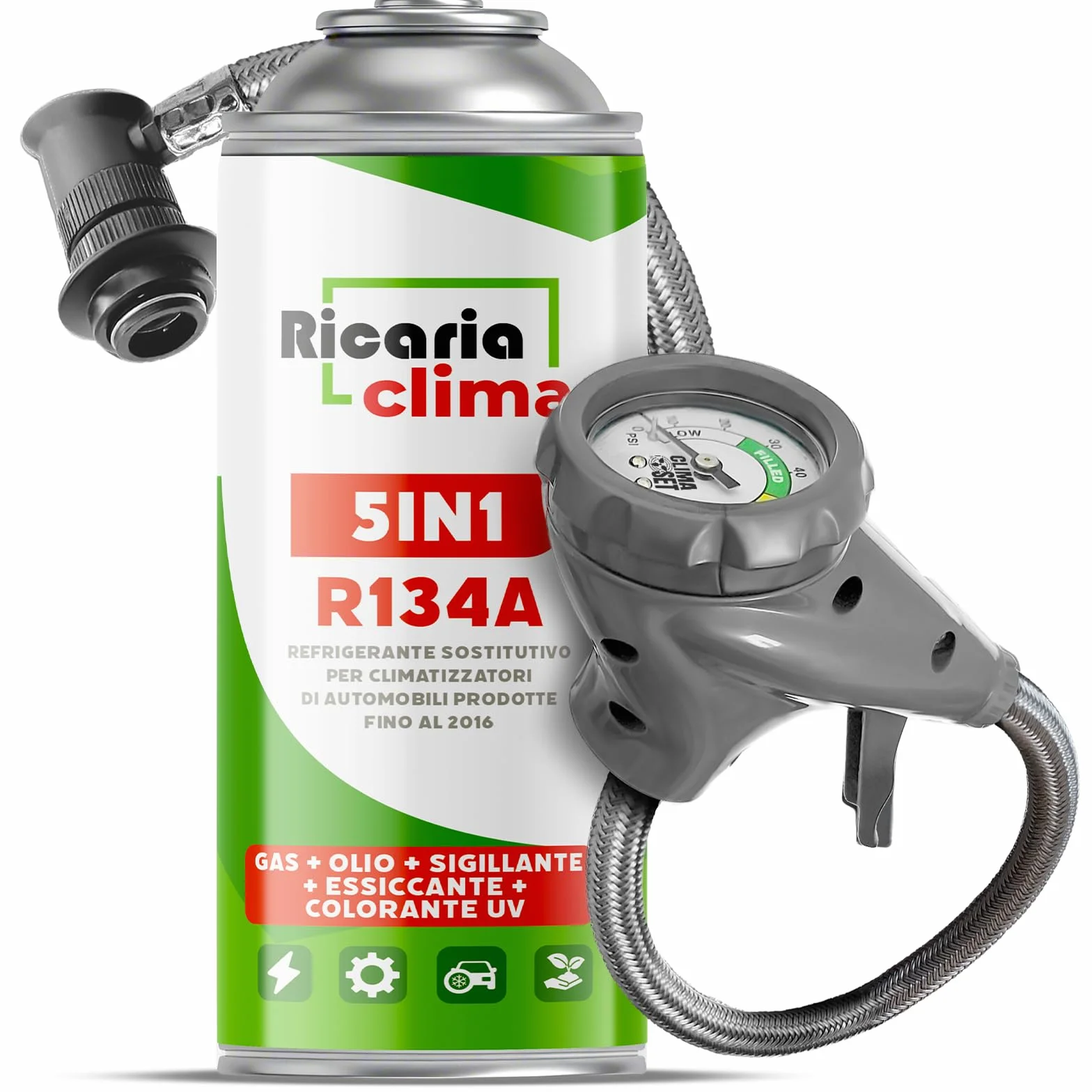 5-in-1: Refrigerante R134a + Tubo flessibile, 235 g per bomboletta, per climatizzatori auto con olio, additivo sigillante, colorante UV, agente disidratante – Protegge il compressore