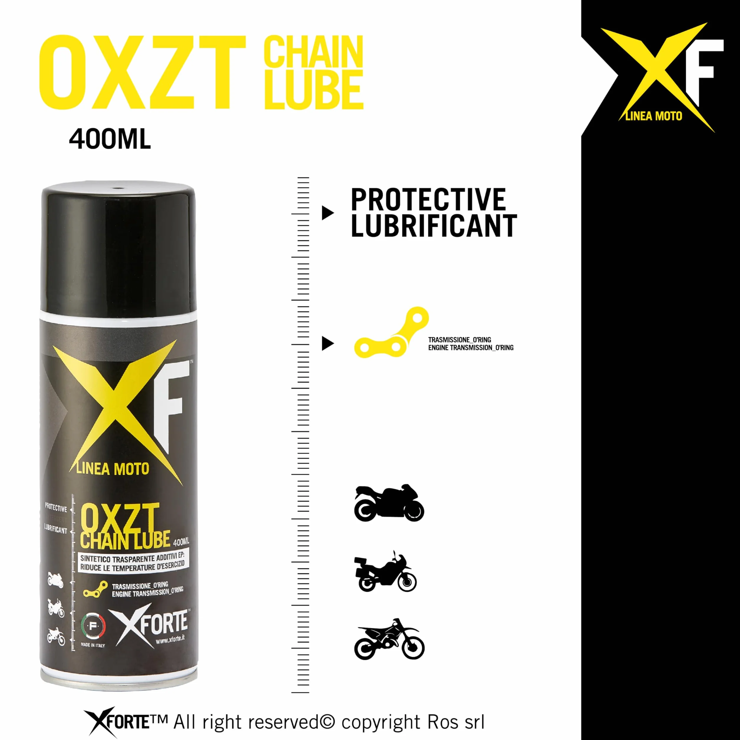 XFORTE OXZT Grasso Catena Moto O-Ring, Lubrificante Sintetico Antigoccia ad Alte Prestazioni, 400 ml - Protezione Resistente per Strada, Pista e Fuoristrada