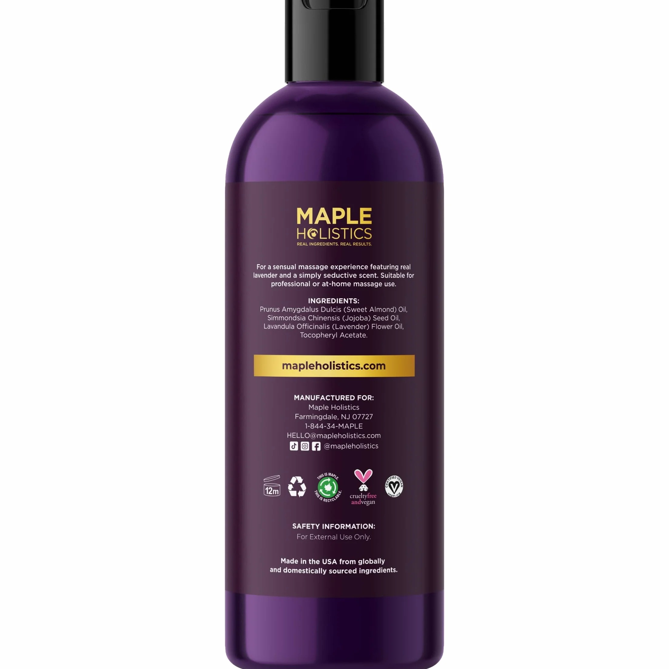 Maple Holistics Puro Olio di Lavanda Sensual Massage Oil Rilassante Mandorle & Olio di Jojoba Natural Therapy Ipoallergenico Pelle 100% Made in USA