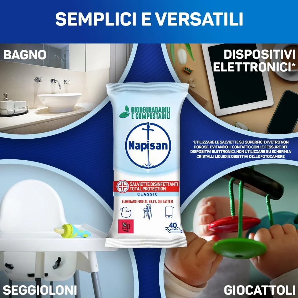 Napisan Salviette Disinfettanti Total Protectio, 40 Pezzi Multisuperfici Biodegradabili