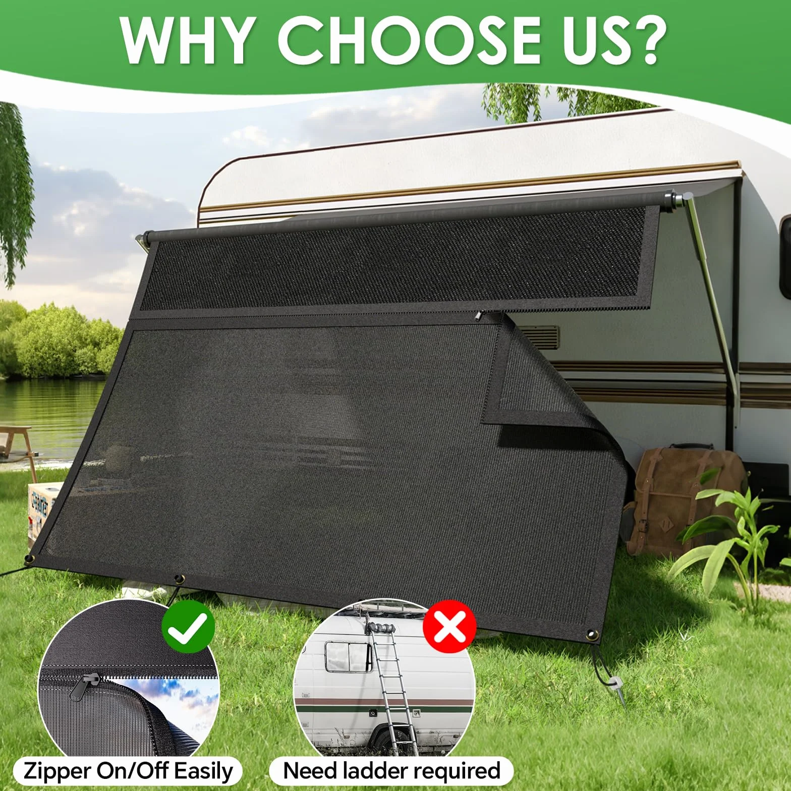 Tenda da sole per camper, con chiusura lampo, finestra panoramica regolabile (tessuto + rete), frangivista e protezione solare universale, con kit completo, altezza 2,2 m (larghezza 2,85 m)